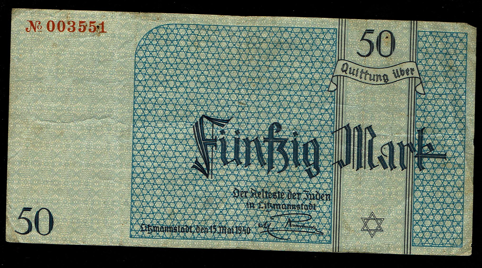 Holocaust and Camp Banknotes - Poland - Łódź Ghetto - 50 Mark 1940 With Watermark - 1 0