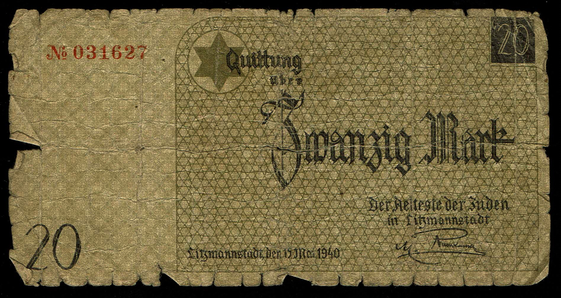 Holocaust and Camp Banknotes - Poland - Łódź Ghetto - 20 Mark 1940 With Watermark - 1 0