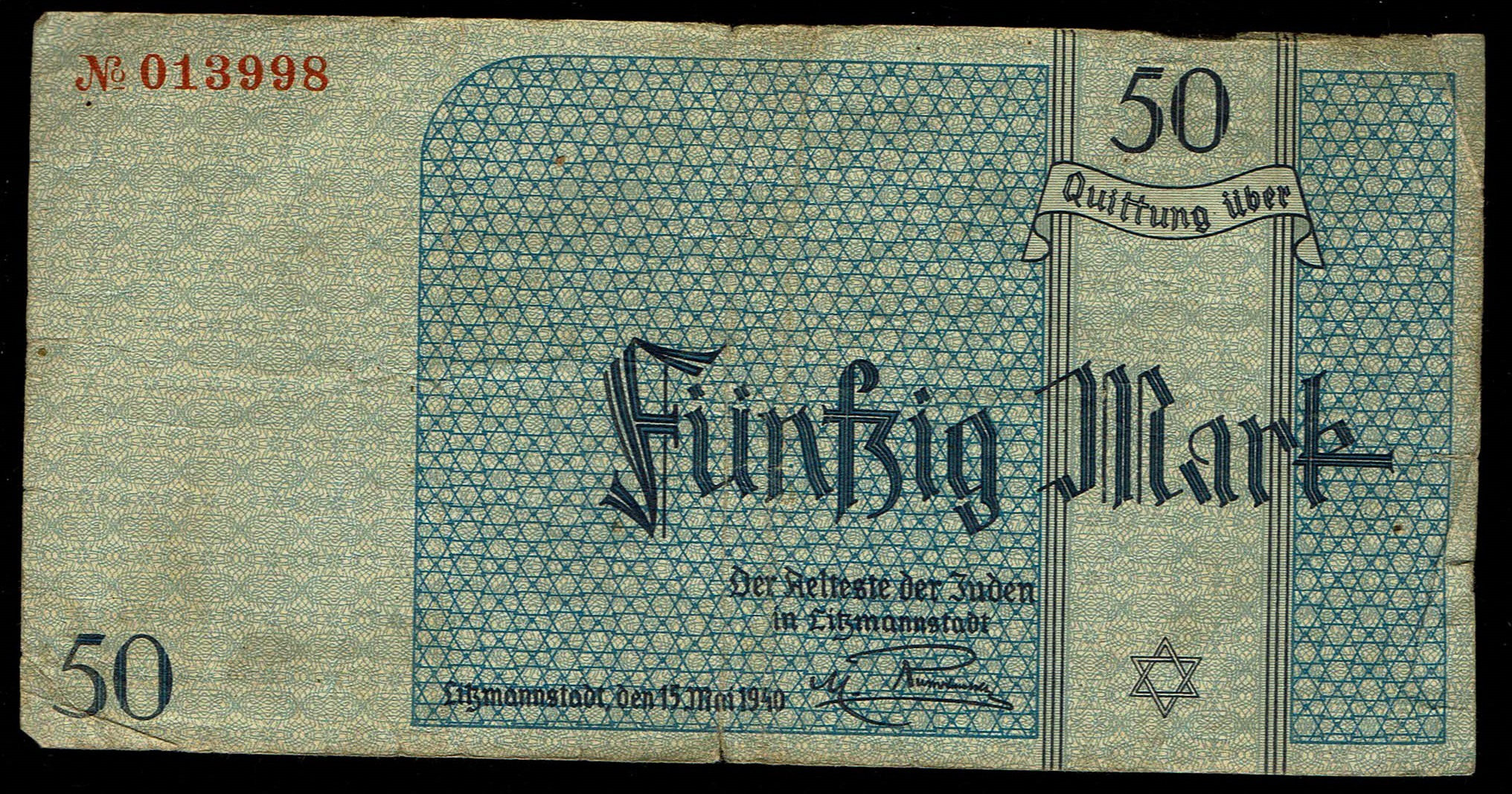 Holocaust and Camp Banknotes - Poland - Łódź Ghetto - 50 Mark 1940 With Watermark - 1 0