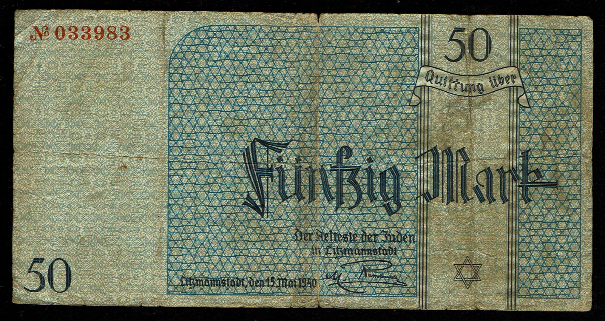 Holocaust and Camp Banknotes - Poland - Łódź Ghetto - 50 Mark 1940 With Watermark - 1 0
