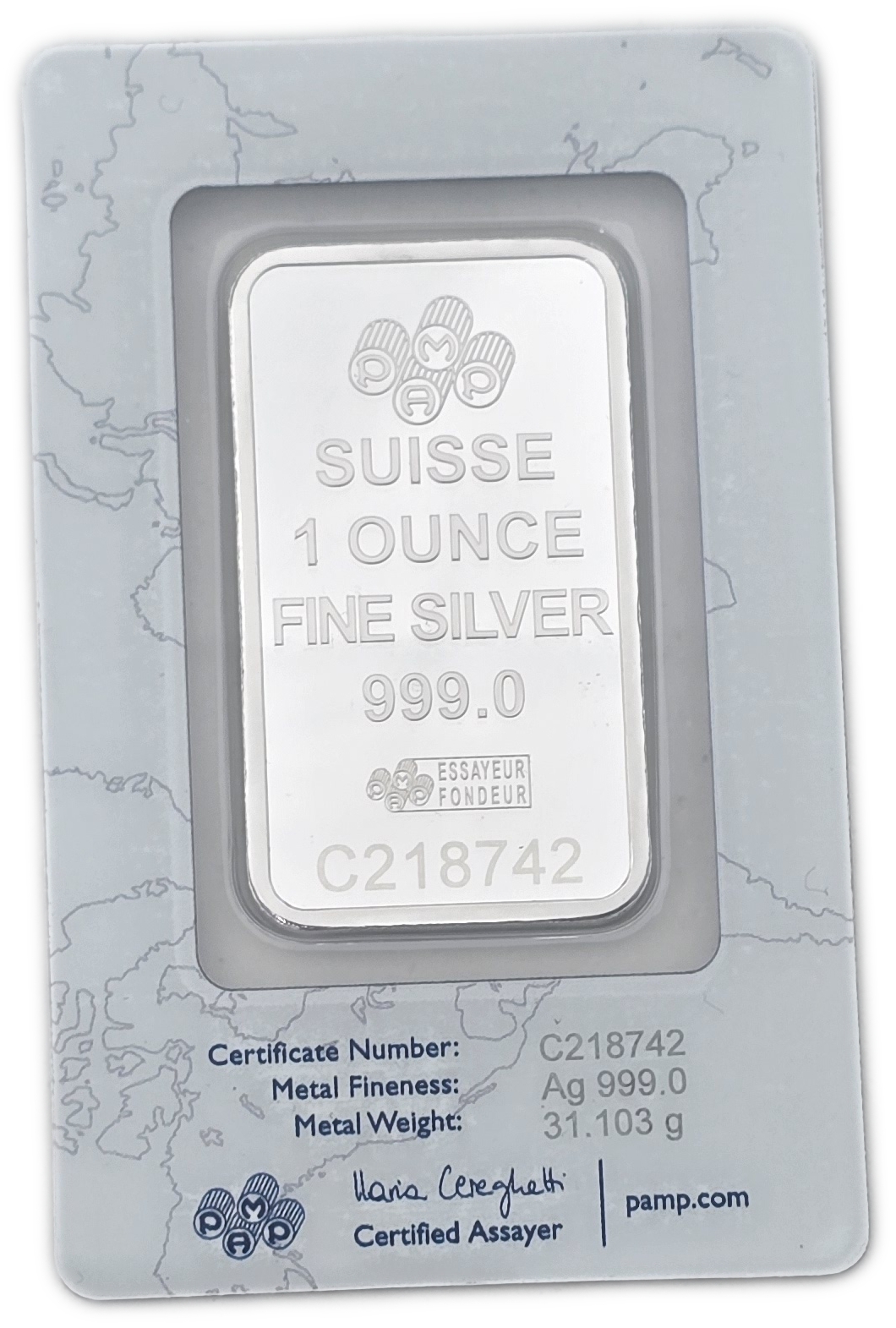 Bullion Bars - Switzerland - PAMP Suisse Silver Bar, 1 Ounce - Silver 999, 31.103 g, in Original Assay Card - 1 1