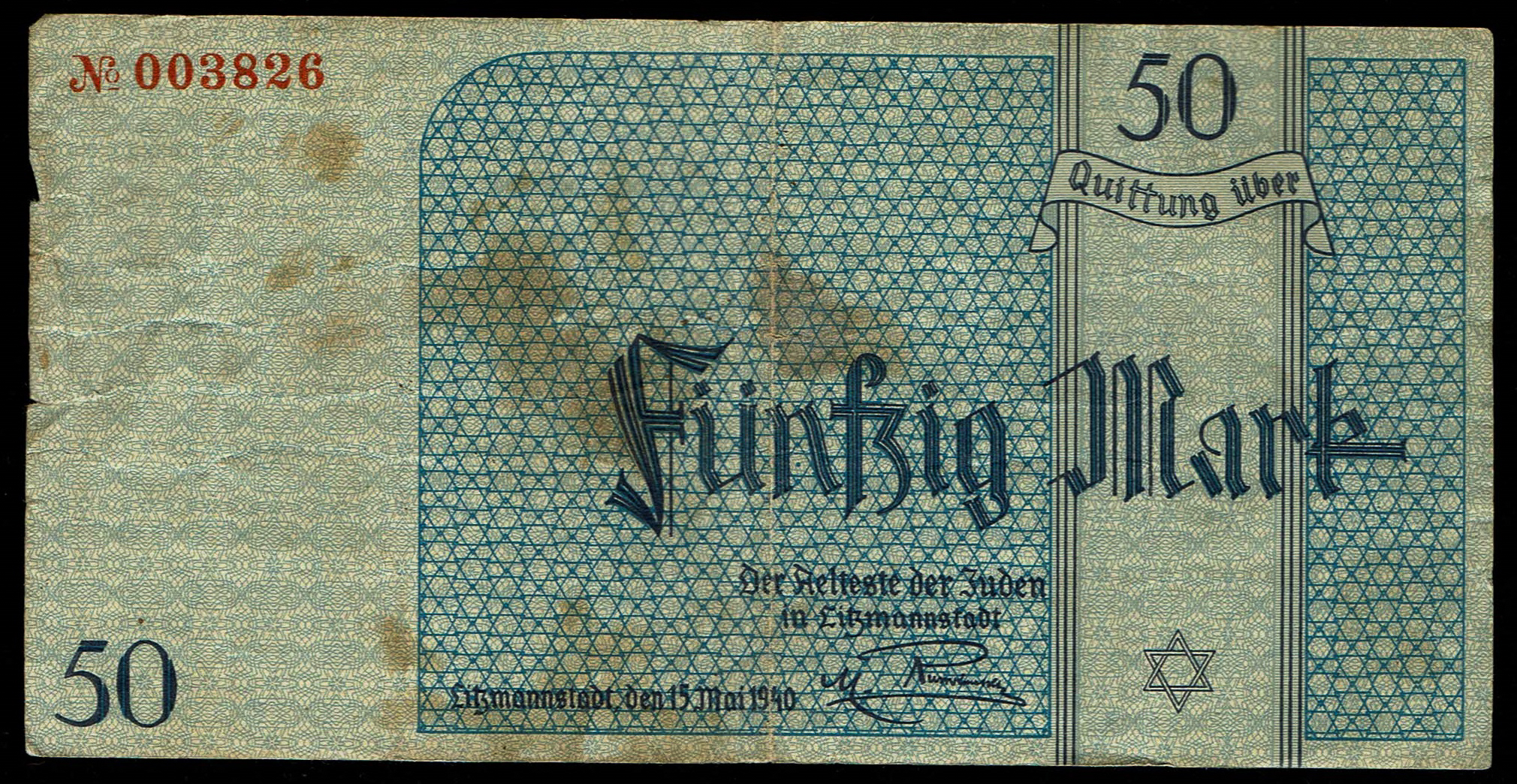Holocaust and Camp Banknotes - Poland - Łódź Ghetto - 50 Mark 1940 With Watermark - 1 0