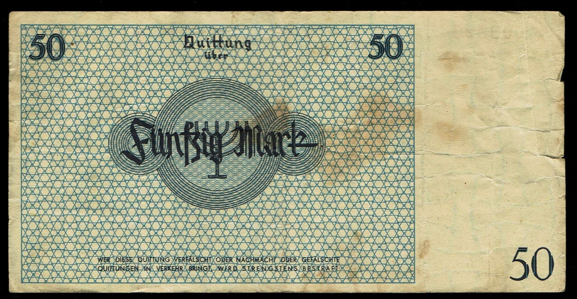 Holocaust and Camp Banknotes - Poland - Łódź Ghetto - 50 Mark 1940 With Watermark - 1 1