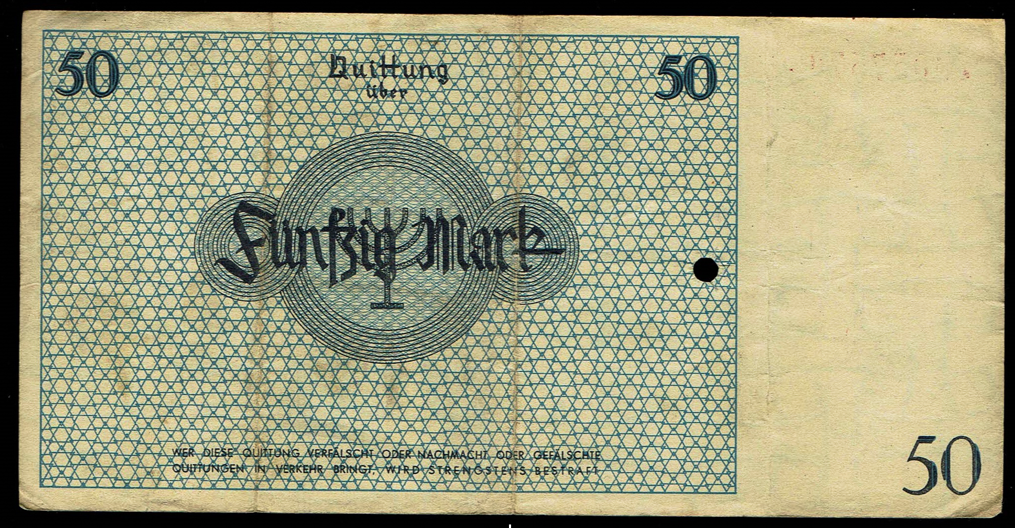Holocaust and Camp Banknotes - Poland - Łódź Ghetto - 50 Mark 1940 With Watermark - Punch-Hole Cancelled, Very Rare ... - 1 1