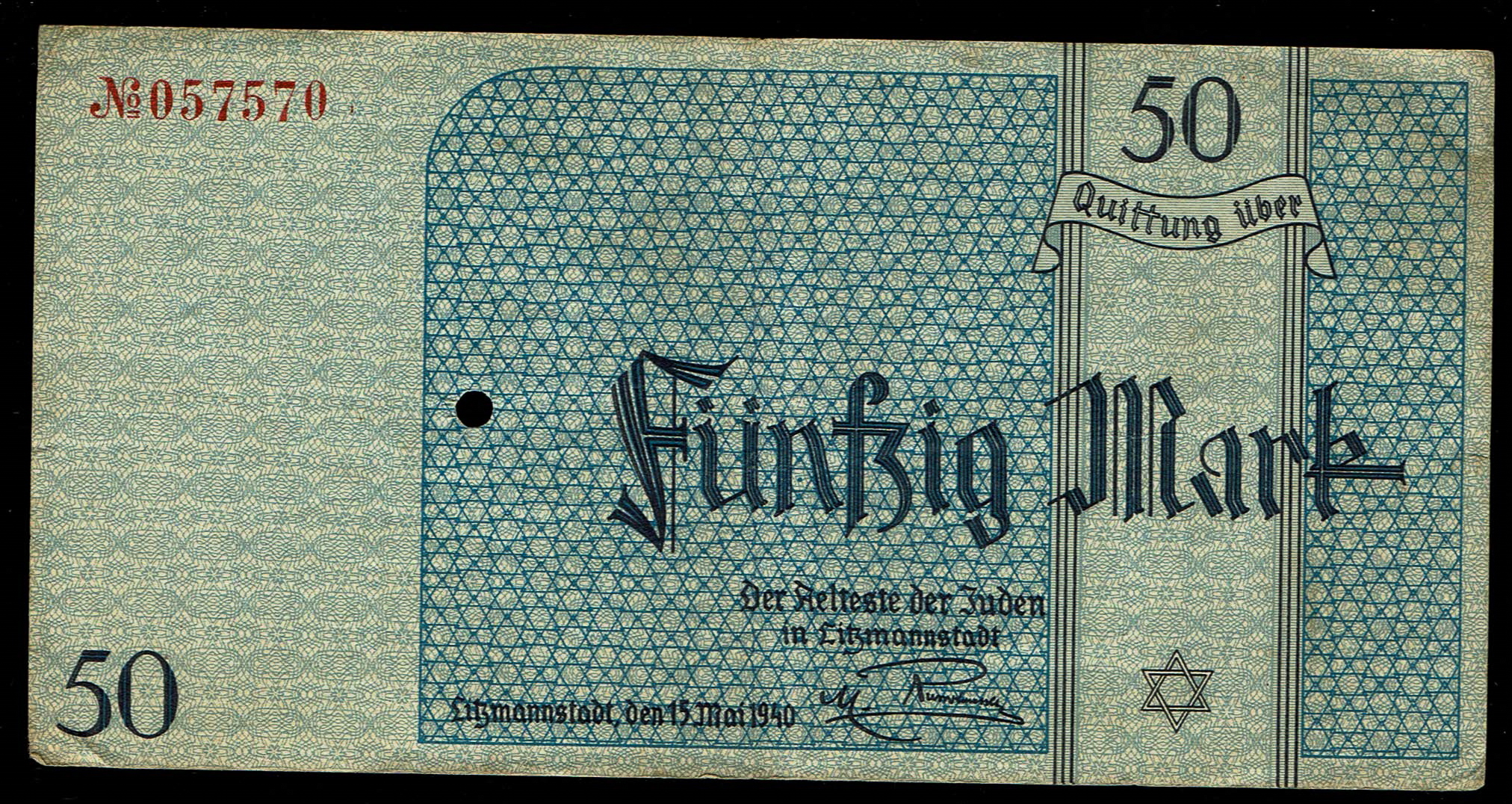 Holocaust and Camp Banknotes - Poland - Łódź Ghetto - 50 Mark 1940 With Watermark - Punch-Hole Cancelled, Very Rare ... - 1 0
