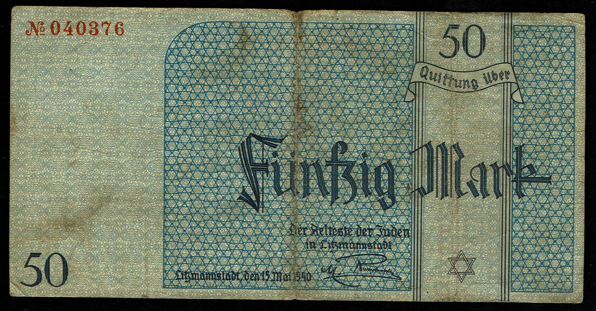 Holocaust and Camp Banknotes - Poland - Łódź Ghetto - 50 Mark 1940 With Watermark - 1 0