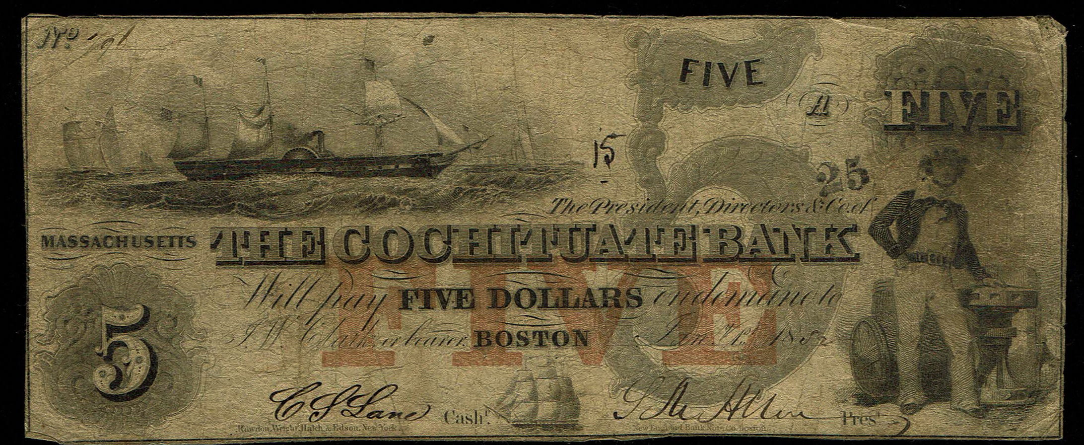 United States - Massachusetts - 5 Dollars 1852 - The Cochituate Bank, Boston - Early Private Banknote - 1 0