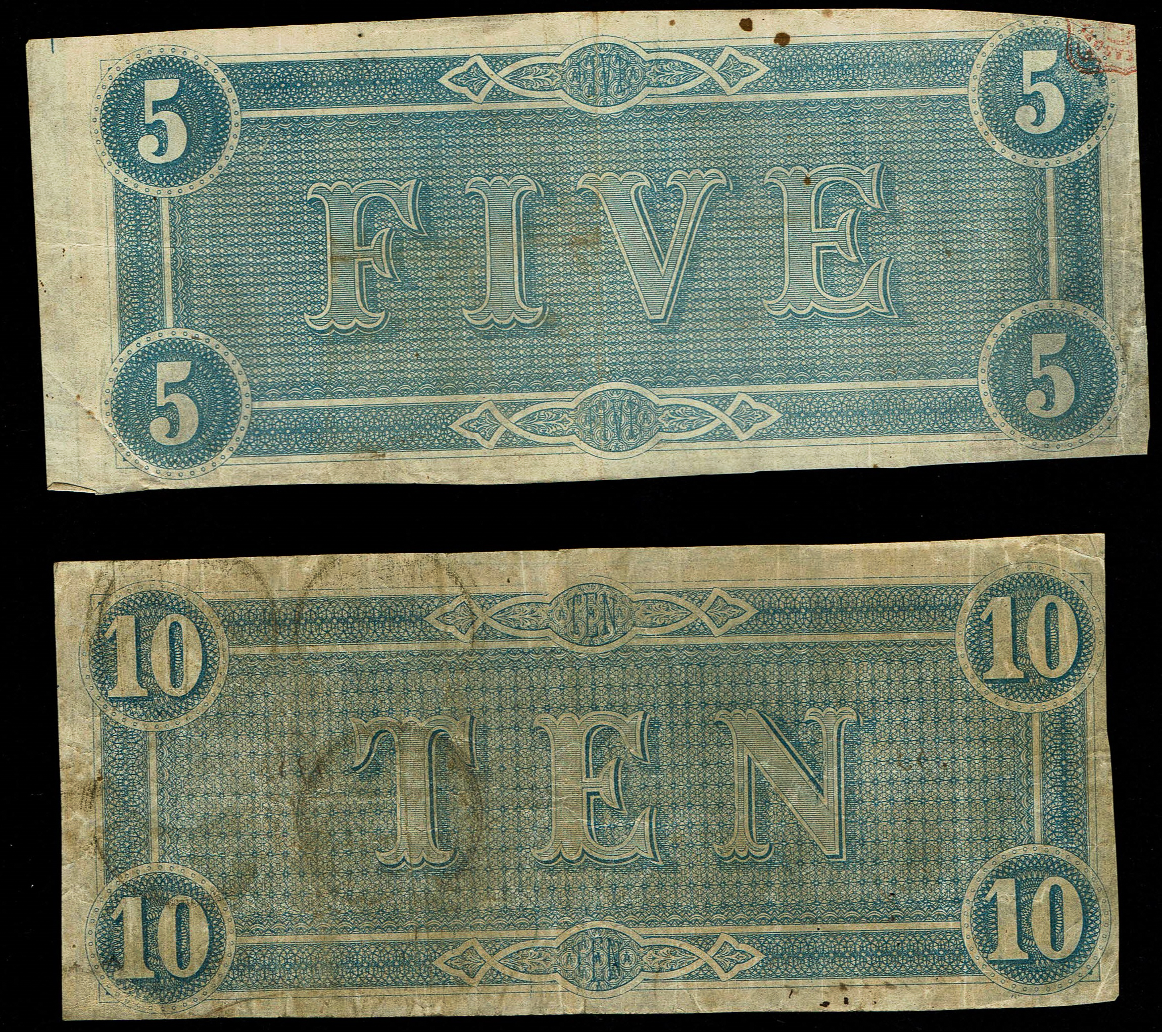 United States - Confederate States - Lot of 4 Banknotes, 5, 10 and 20 Dollars 1864 - The S.N. of the 10$ is 6363 - 1 5