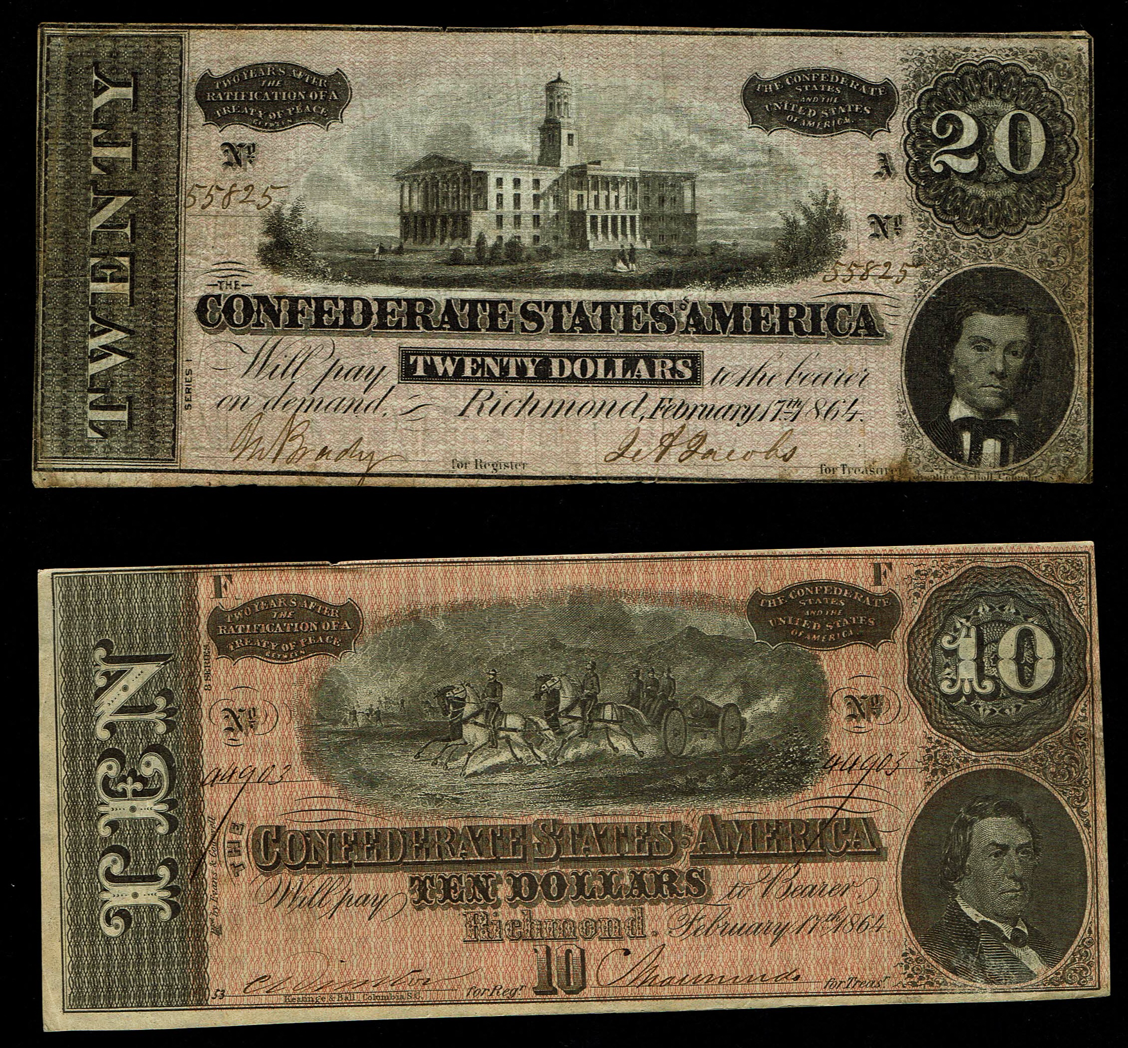 United States - Confederate States - Lot of 4 Banknotes, 5, 10 and 20 Dollars 1864 - The S.N. of the 10$ is 6363 - 1 2