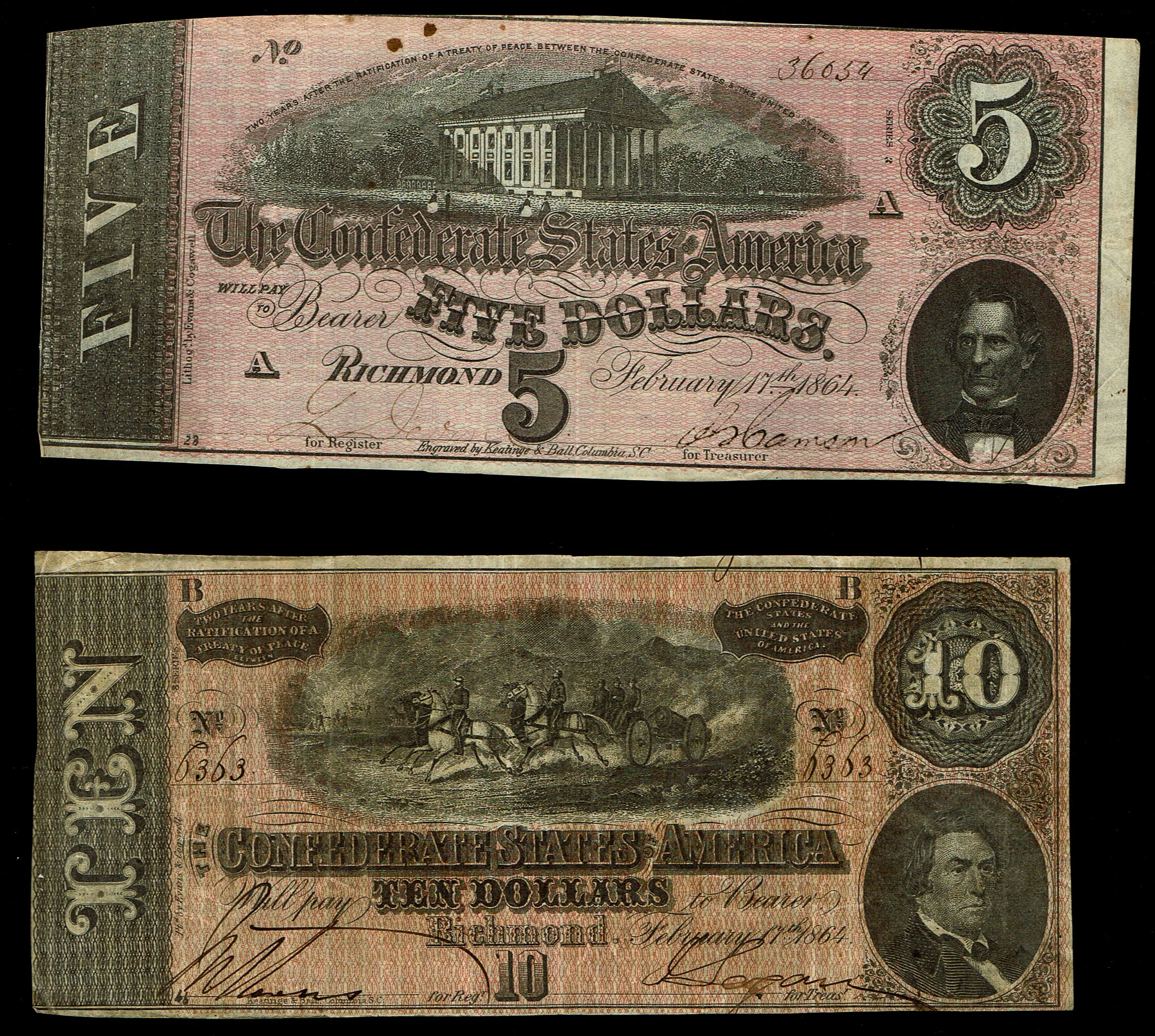 United States - Confederate States - Lot of 4 Banknotes, 5, 10 and 20 Dollars 1864 - The S.N. of the 10$ is 6363 - 1 4