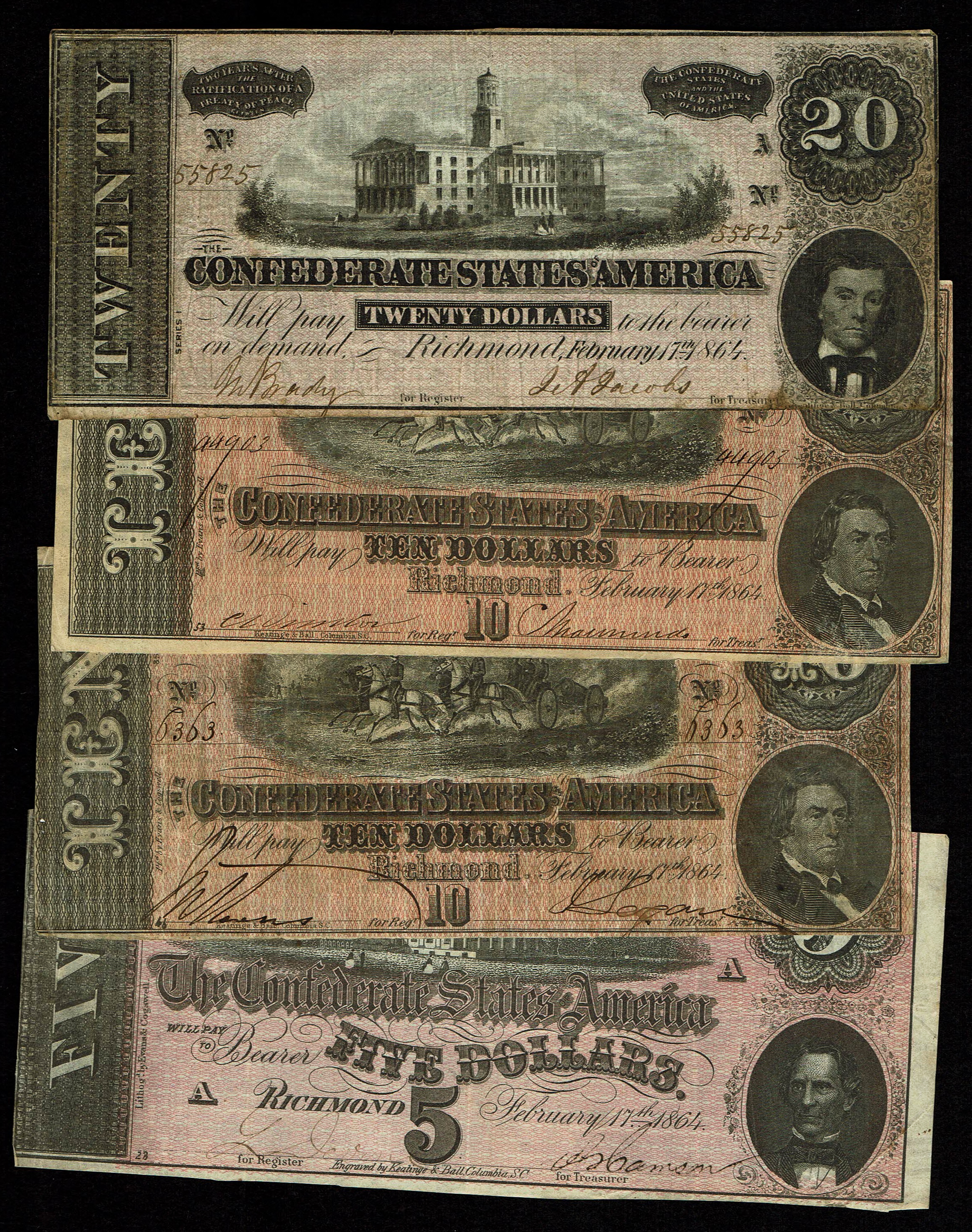 United States - Confederate States - Lot of 4 Banknotes, 5, 10 and 20 Dollars 1864 - The S.N. of the 10$ is 6363 - 1 0