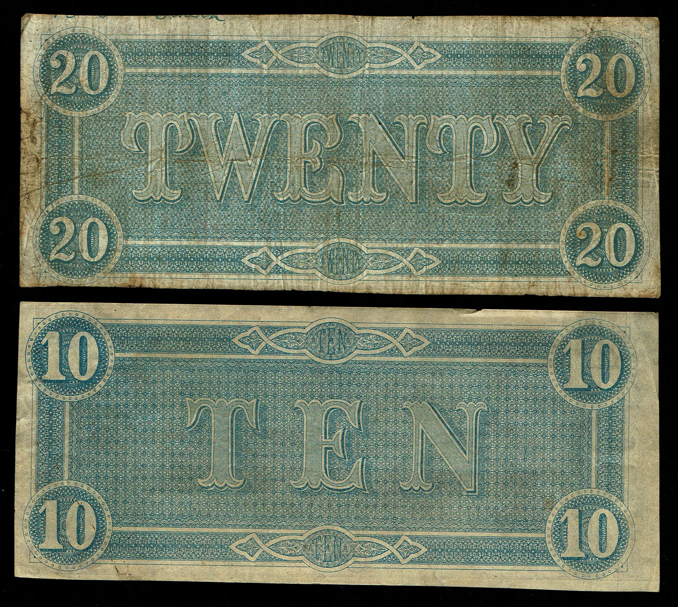 United States - Confederate States - Lot of 4 Banknotes, 5, 10 and 20 Dollars 1864 - The S.N. of the 10$ is 6363 - 1 3