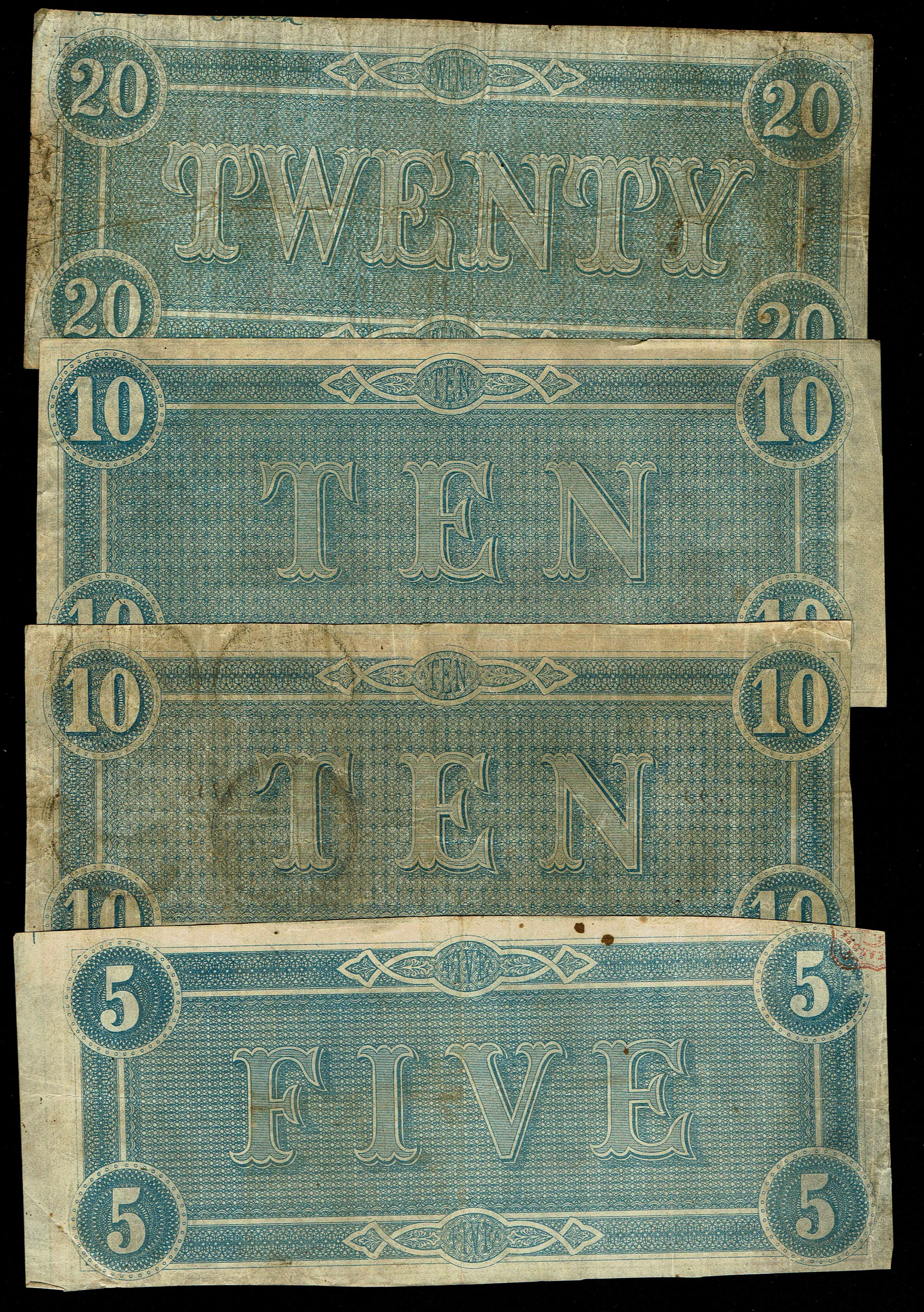 United States - Confederate States - Lot of 4 Banknotes, 5, 10 and 20 Dollars 1864 - The S.N. of the 10$ is 6363 - 1 1