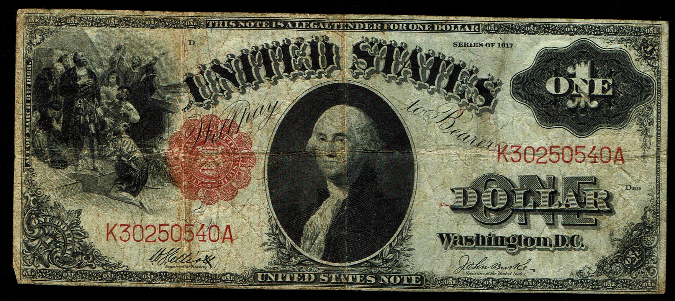 United States - 1 Dollar 1917 - Legal Tender Note, Red Seal - Elliott-Burke Signatures - 1 0