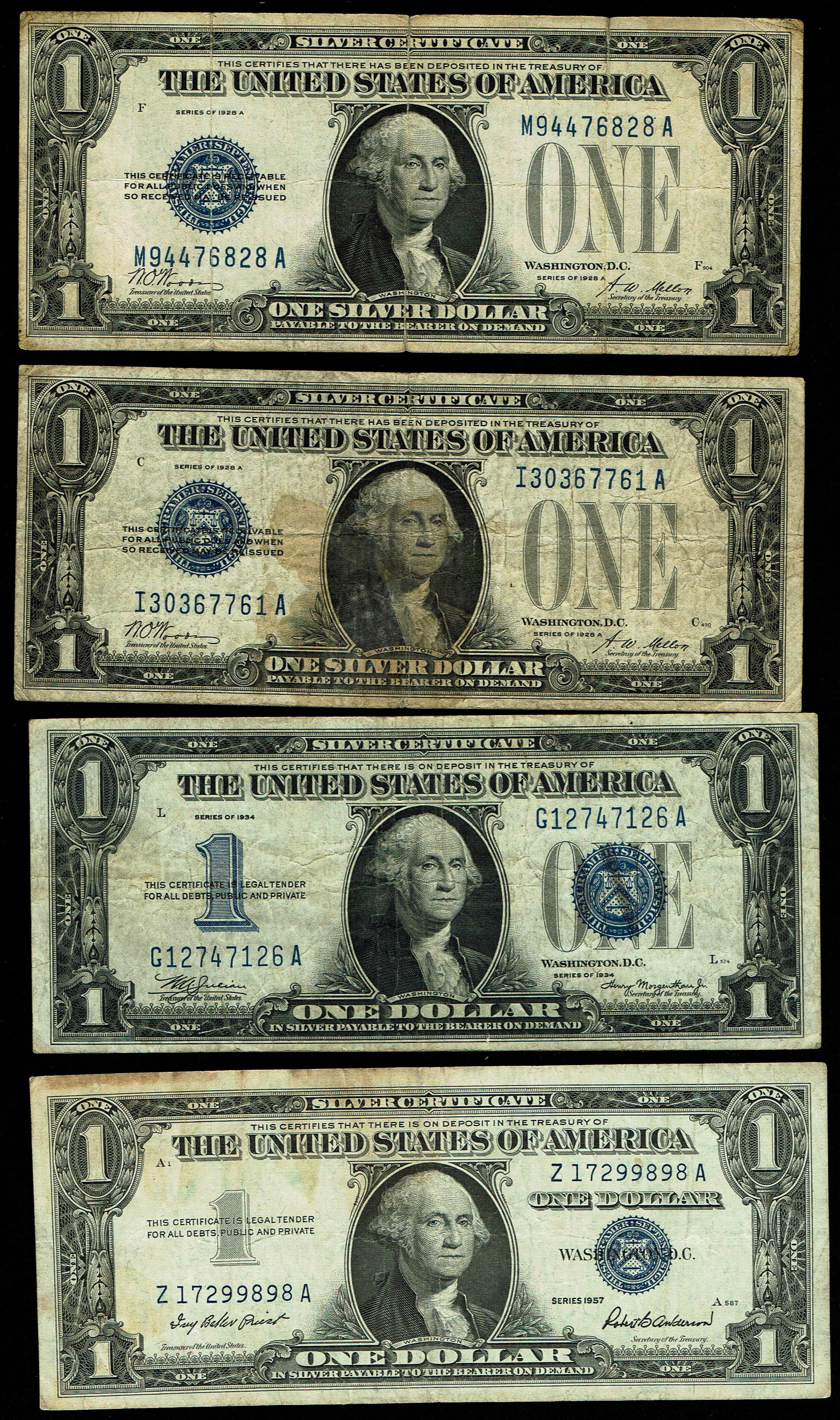 United States - Lot of 4 One Dollar Notes, Series 1928A, 1934 and 1957 - Blue Seal Silver Certificates - Friedberg ... - 1 0