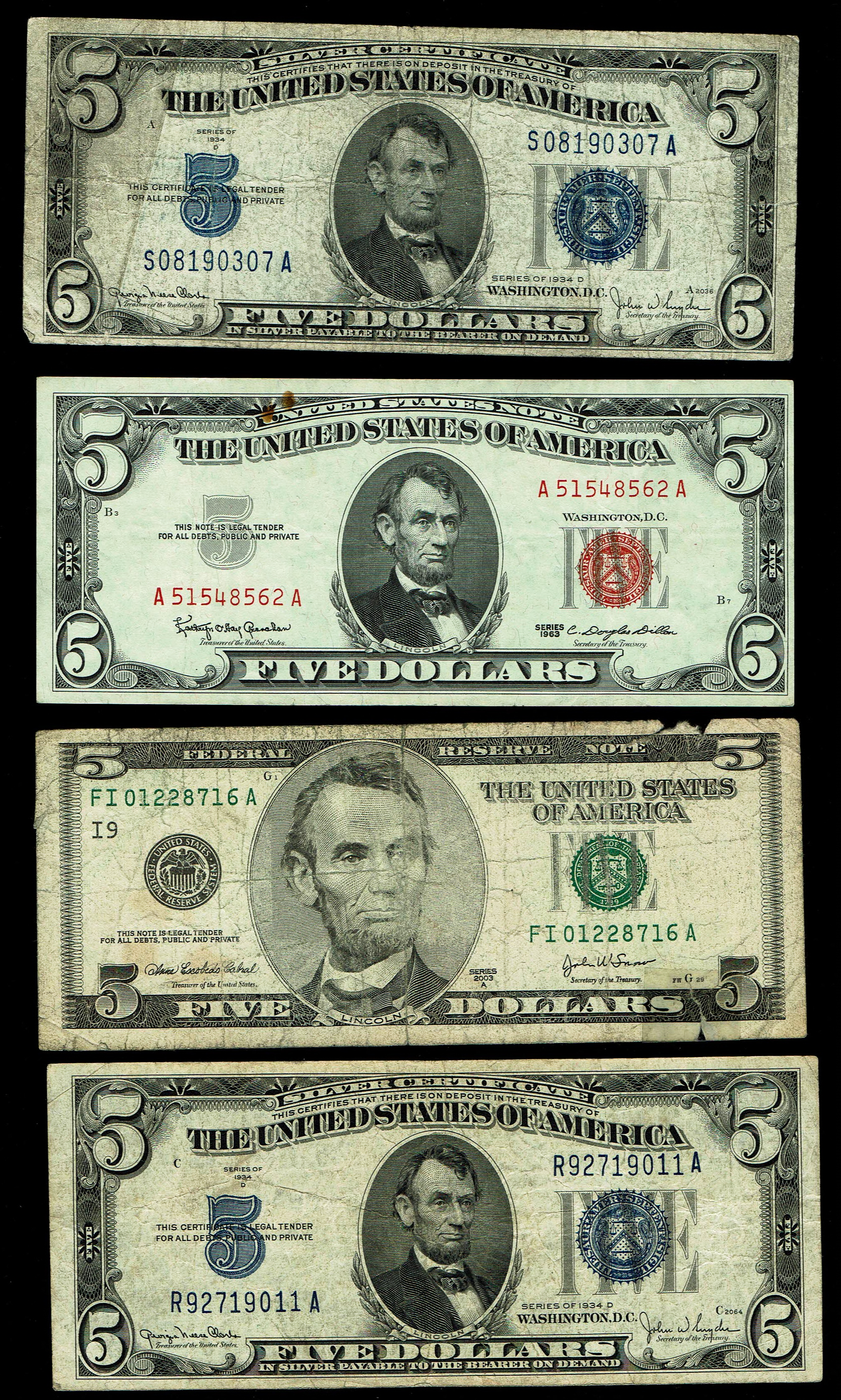 United States - Lot of 4 Five-Dollar Notes, Series 1934D (2 units), 1963 and 2003 - 1 0