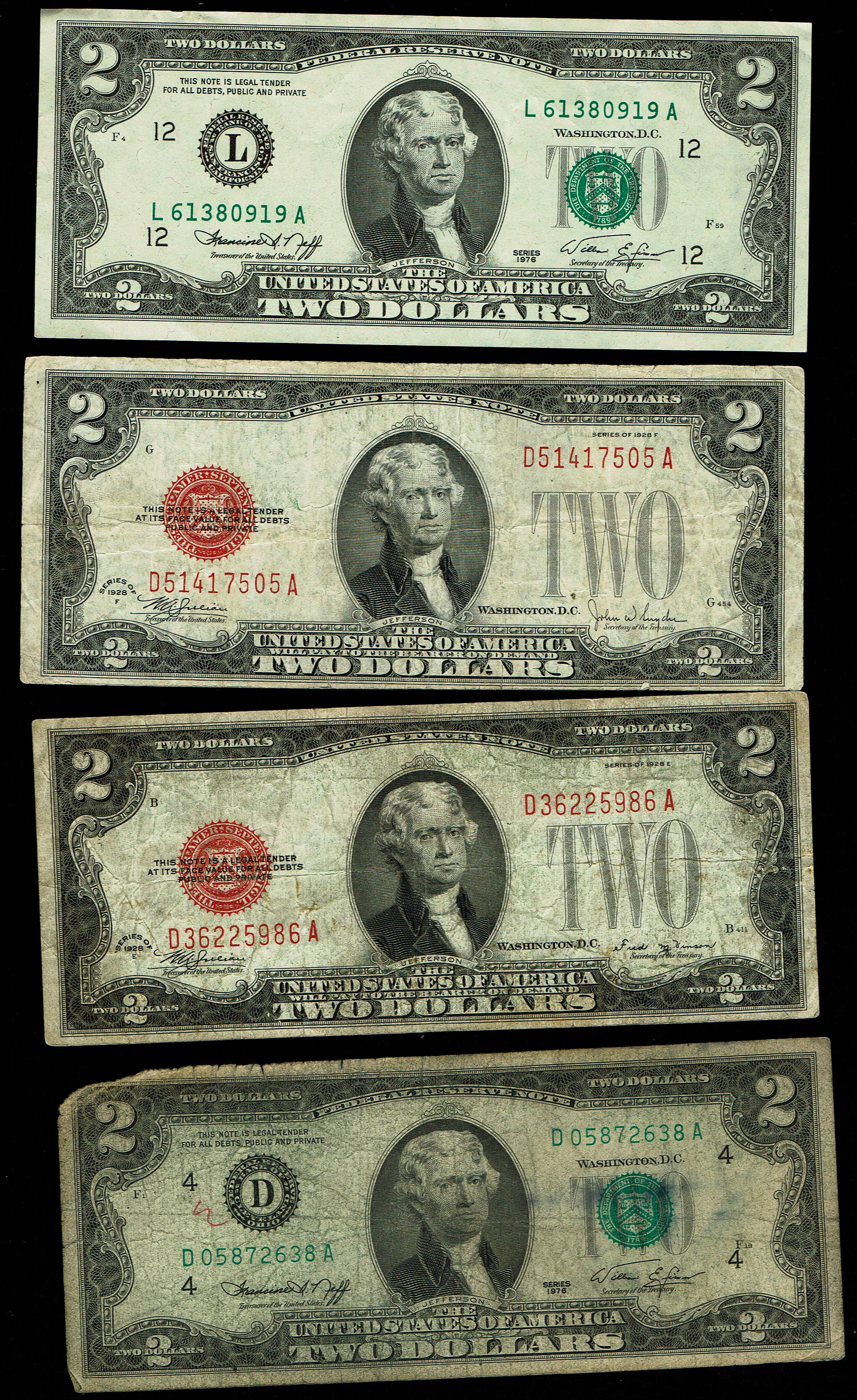 United States - Lot of 4 Two Dollar Notes, Series 1928C, 1928F and 1976 - Red and Green Seals - Friedberg 1504 ... - 1 0