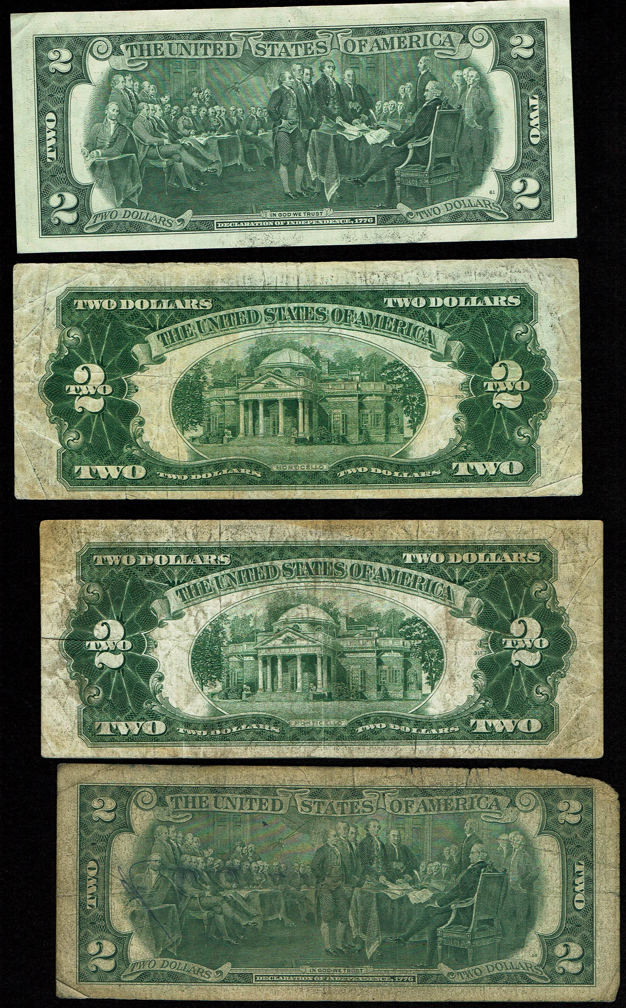 United States - Lot of 4 Two Dollar Notes, Series 1928C, 1928F and 1976 - Red and Green Seals - Friedberg 1504 ... - 1 1