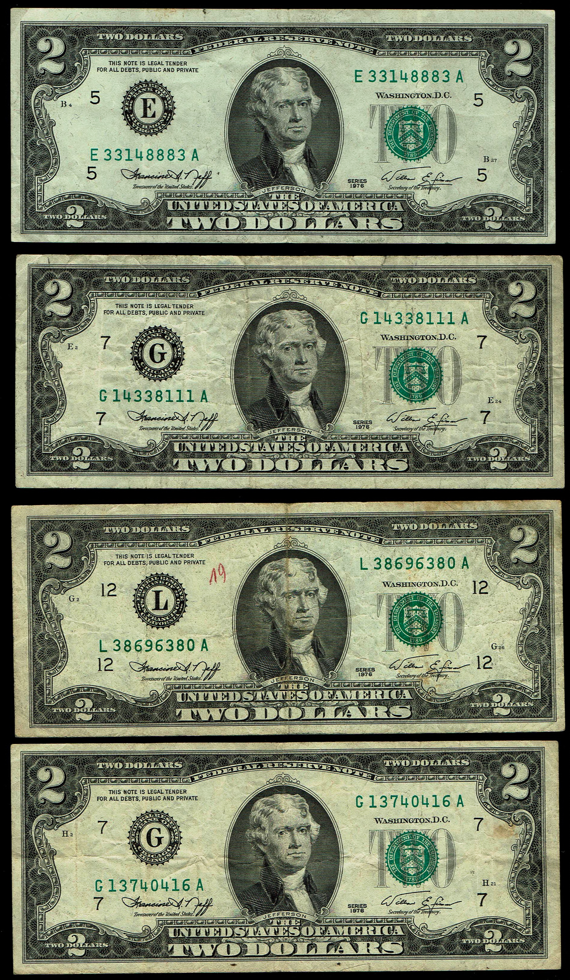 United States - Lot of 6 2 Dollar Banknotes 1976 - Fine-Very Fine - 1 2