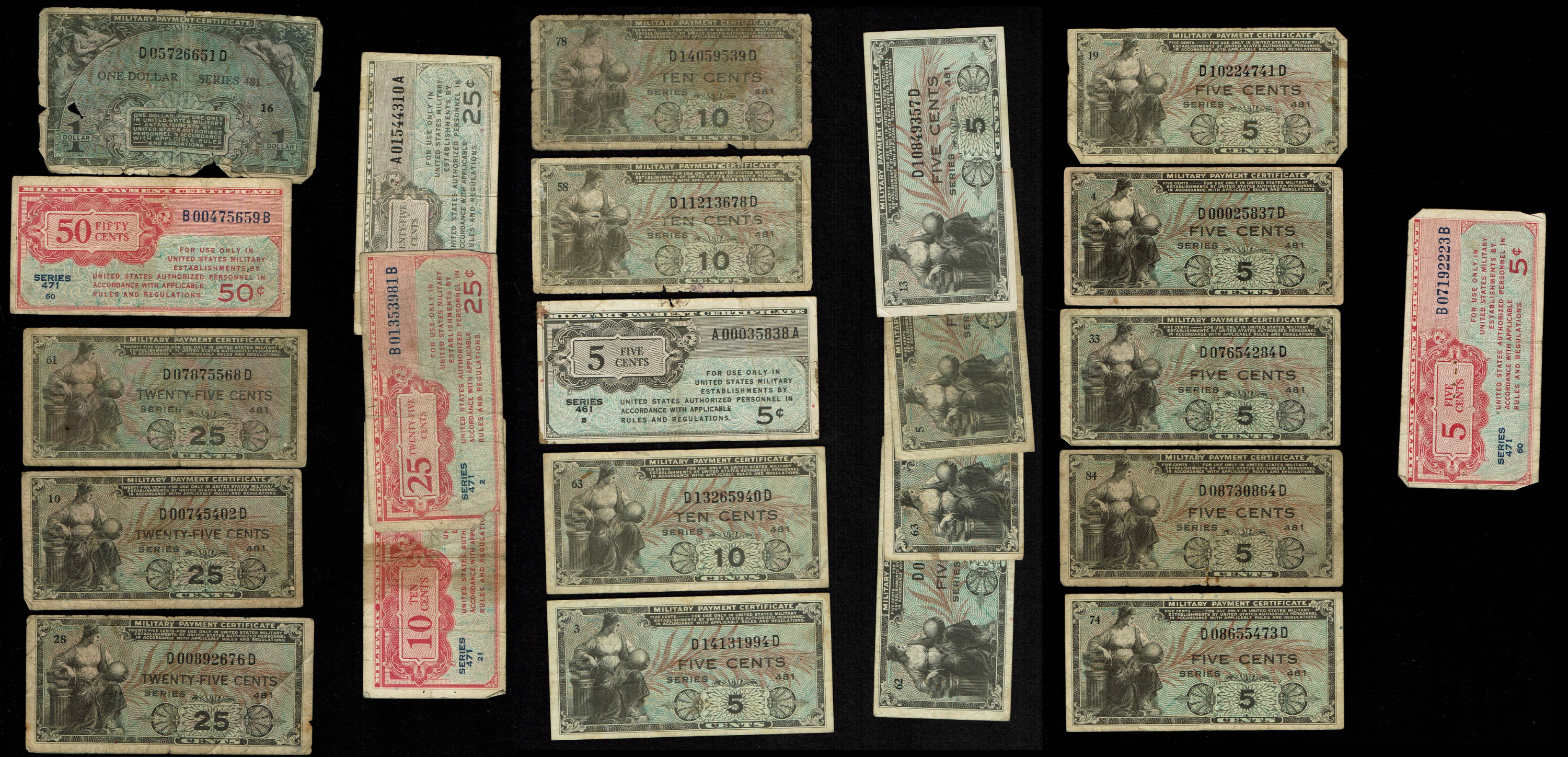 World - Lot of 23 United States Military Payment Certificate Notes - Series 461, 471 and 481 - 5 Cents to 1 Dollar ... - 1 0