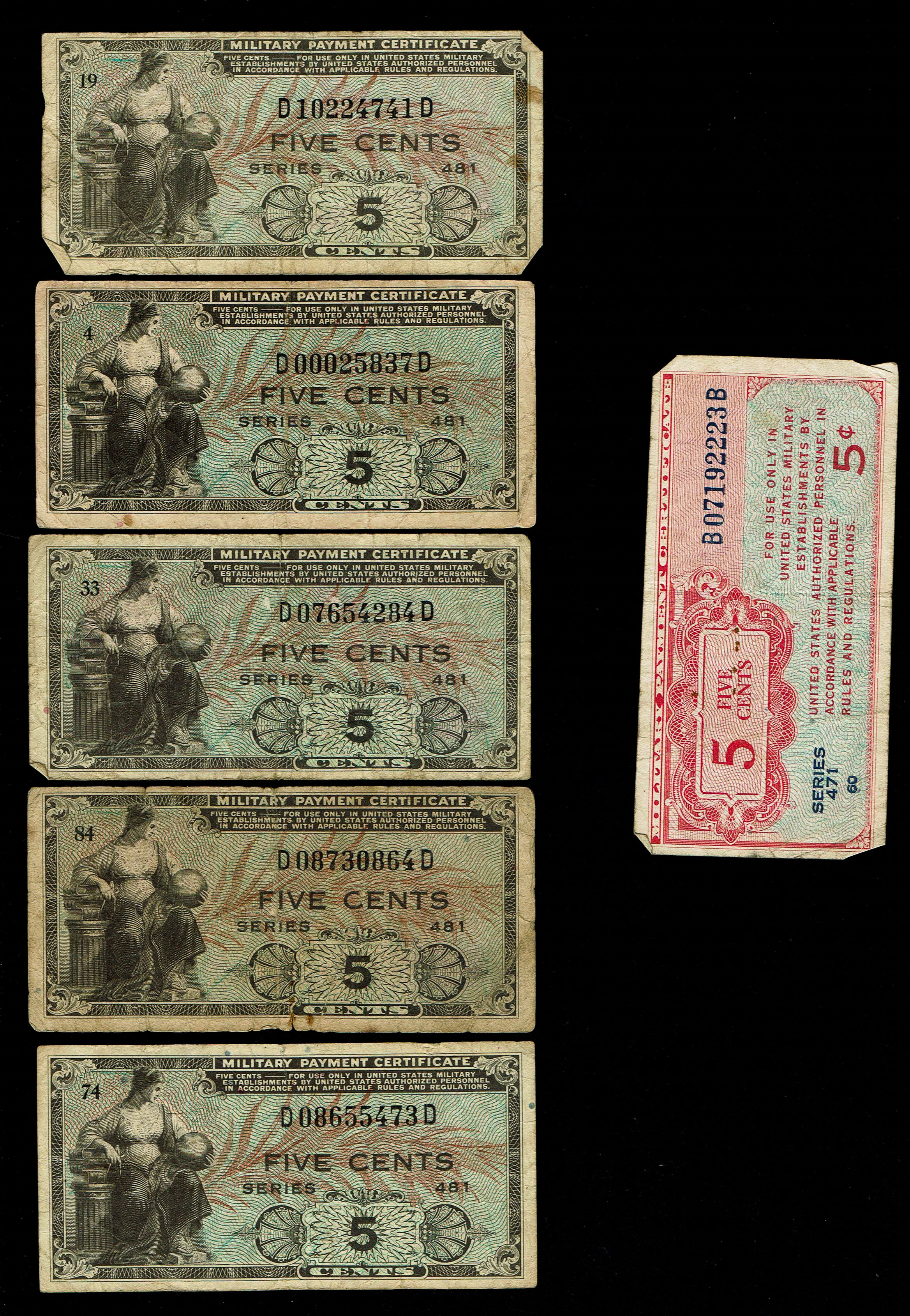 World - Lot of 23 United States Military Payment Certificate Notes - Series 461, 471 and 481 - 5 Cents to 1 Dollar ... - 1 7