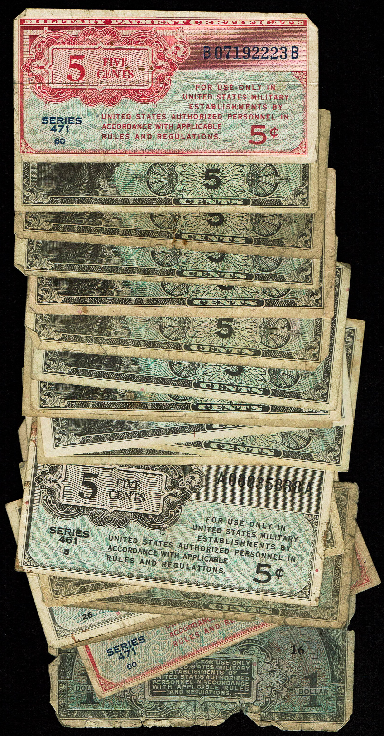 World - Lot of 23 United States Military Payment Certificate Notes - Series 461, 471 and 481 - 5 Cents to 1 Dollar ... - 1 1