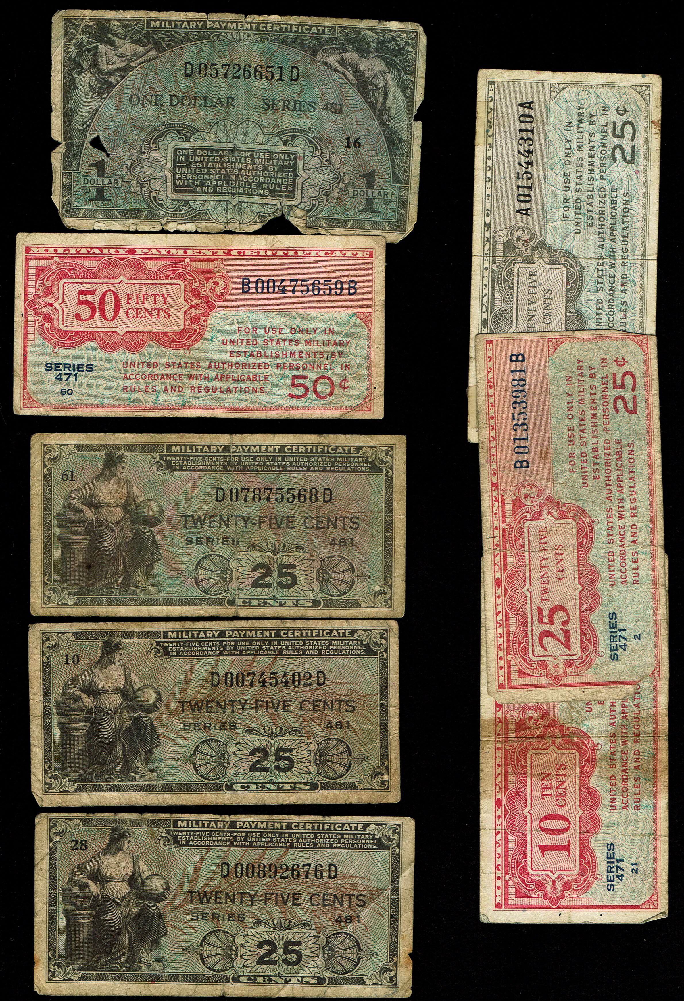 World - Lot of 23 United States Military Payment Certificate Notes - Series 461, 471 and 481 - 5 Cents to 1 Dollar ... - 1 3