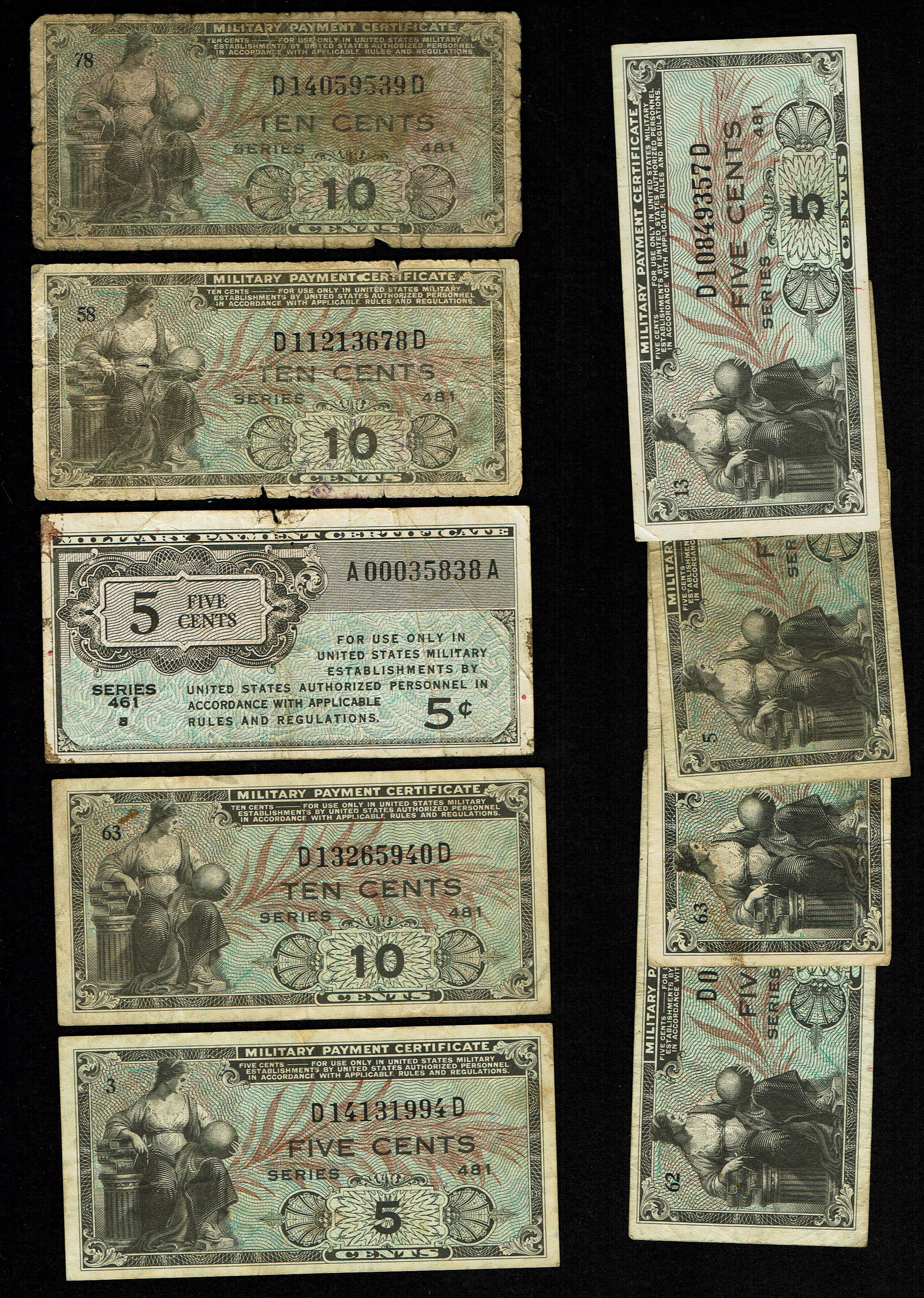 World - Lot of 23 United States Military Payment Certificate Notes - Series 461, 471 and 481 - 5 Cents to 1 Dollar ... - 1 5