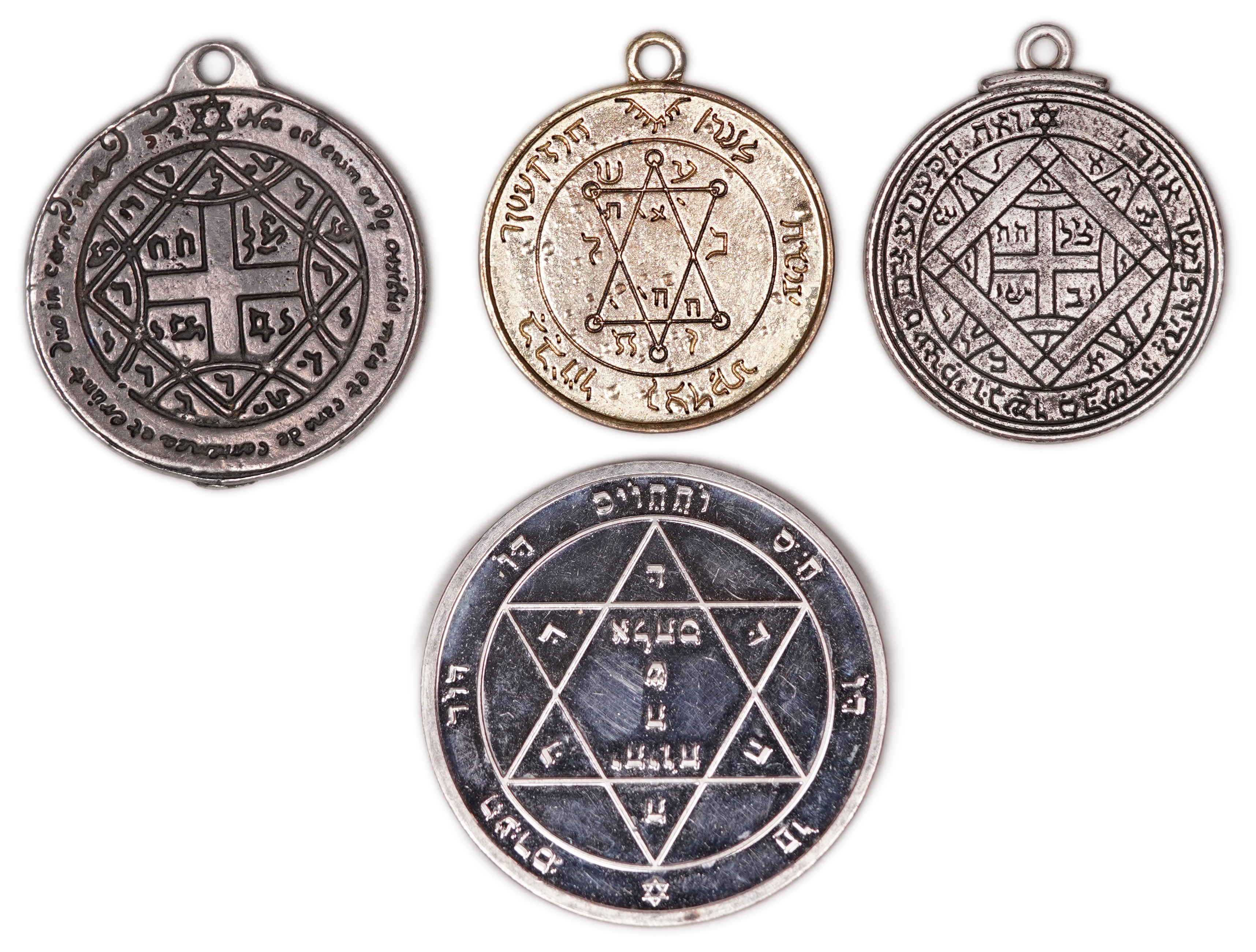 Judaica / Zionism - Lot of 4 Kabbalistic Amulets and Pendants, Stars of David, Hebrew Sacred Names and Letter ...
