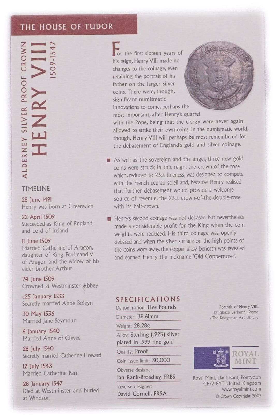 Alderney - 2007 Five Pounds Coin "Henry VIII 1509-1547" - The House of Tudor Series, The Royal Mint, .925 Sterling ... - 1 3