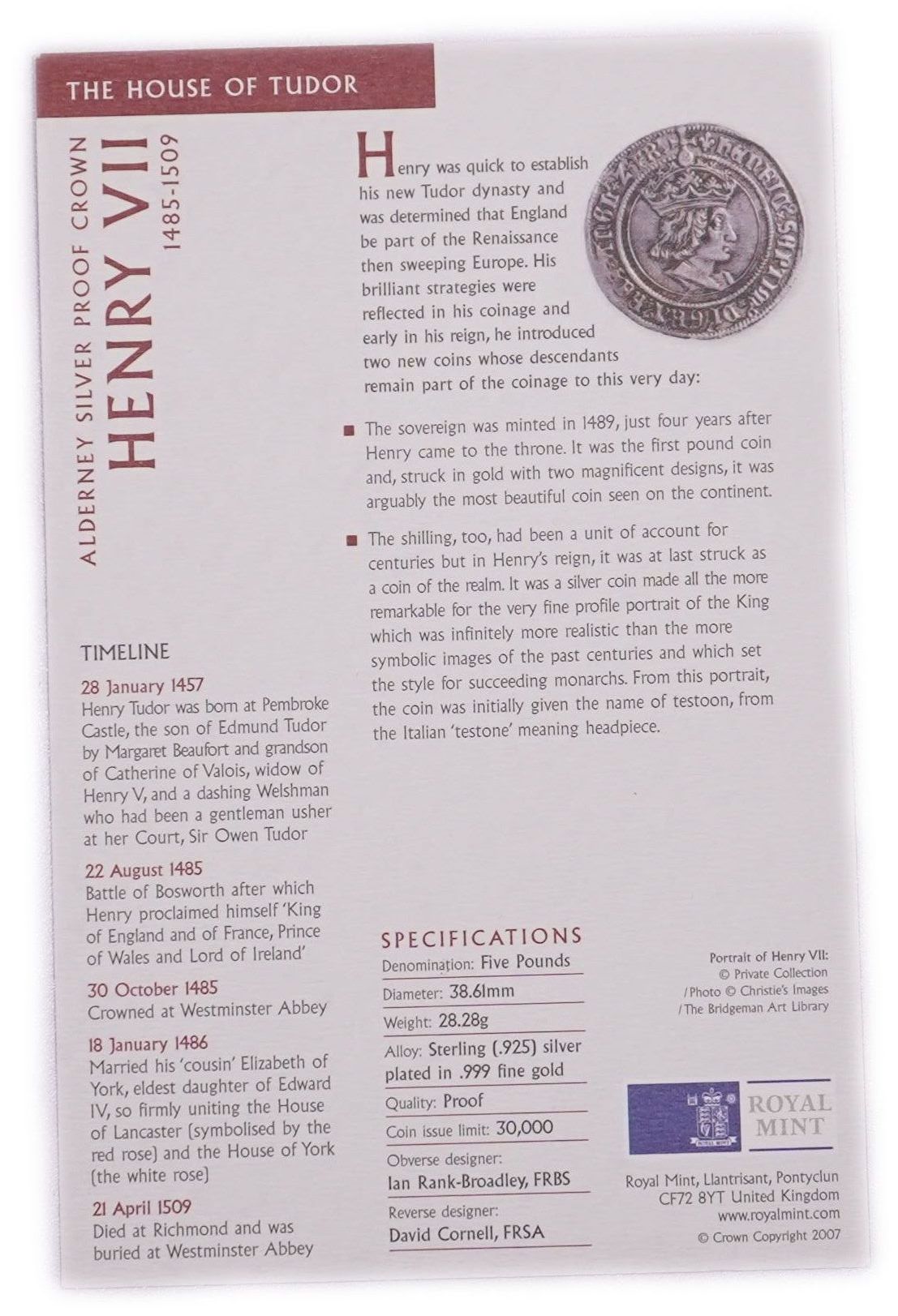 Alderney - 2007 Five Pounds Coin "Henry VII 1485-1509" - The House of Tudor Series, The Royal Mint, .925 Sterling ... - 1 2