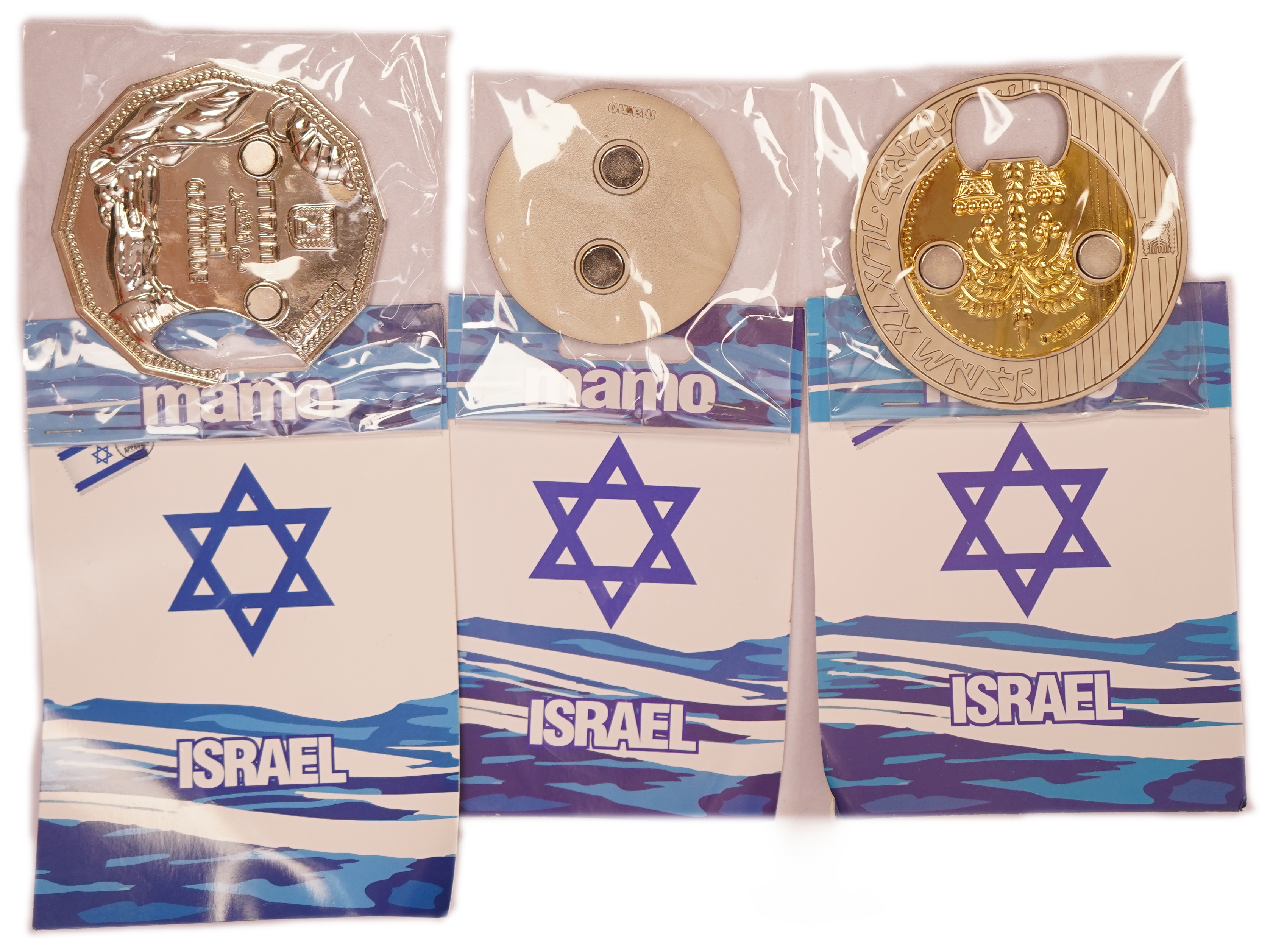 Israel - Group of 3 Israeli Coin-Themed Collectibles: 2 Bottle Openers and 1 Pin Badge - 1 1
