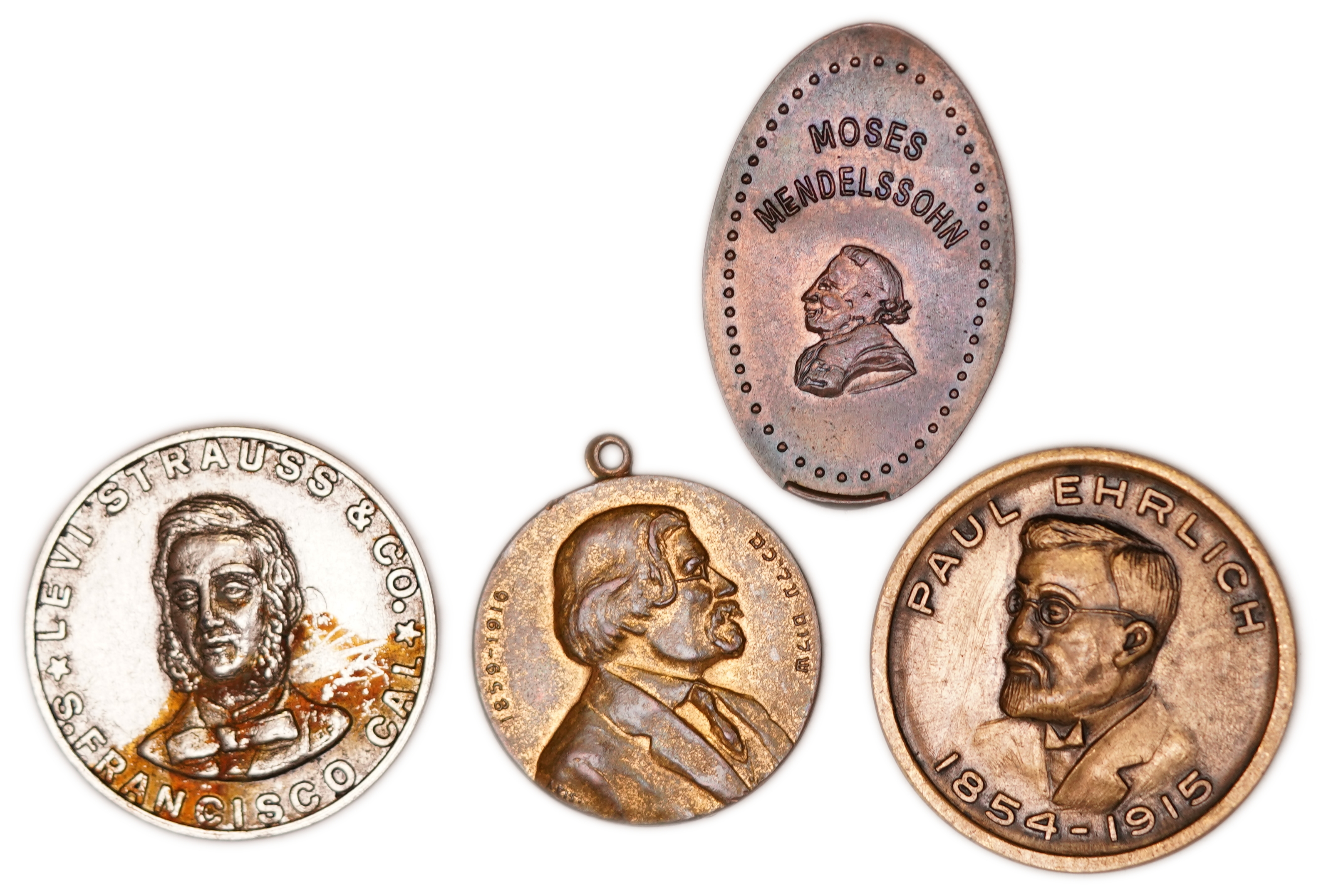 Judaica / Zionism - Lot of 4 Medals and Medallions - Levi Strauss, Karl Marx, Moses Mendelssohn and Paul Ehrlich