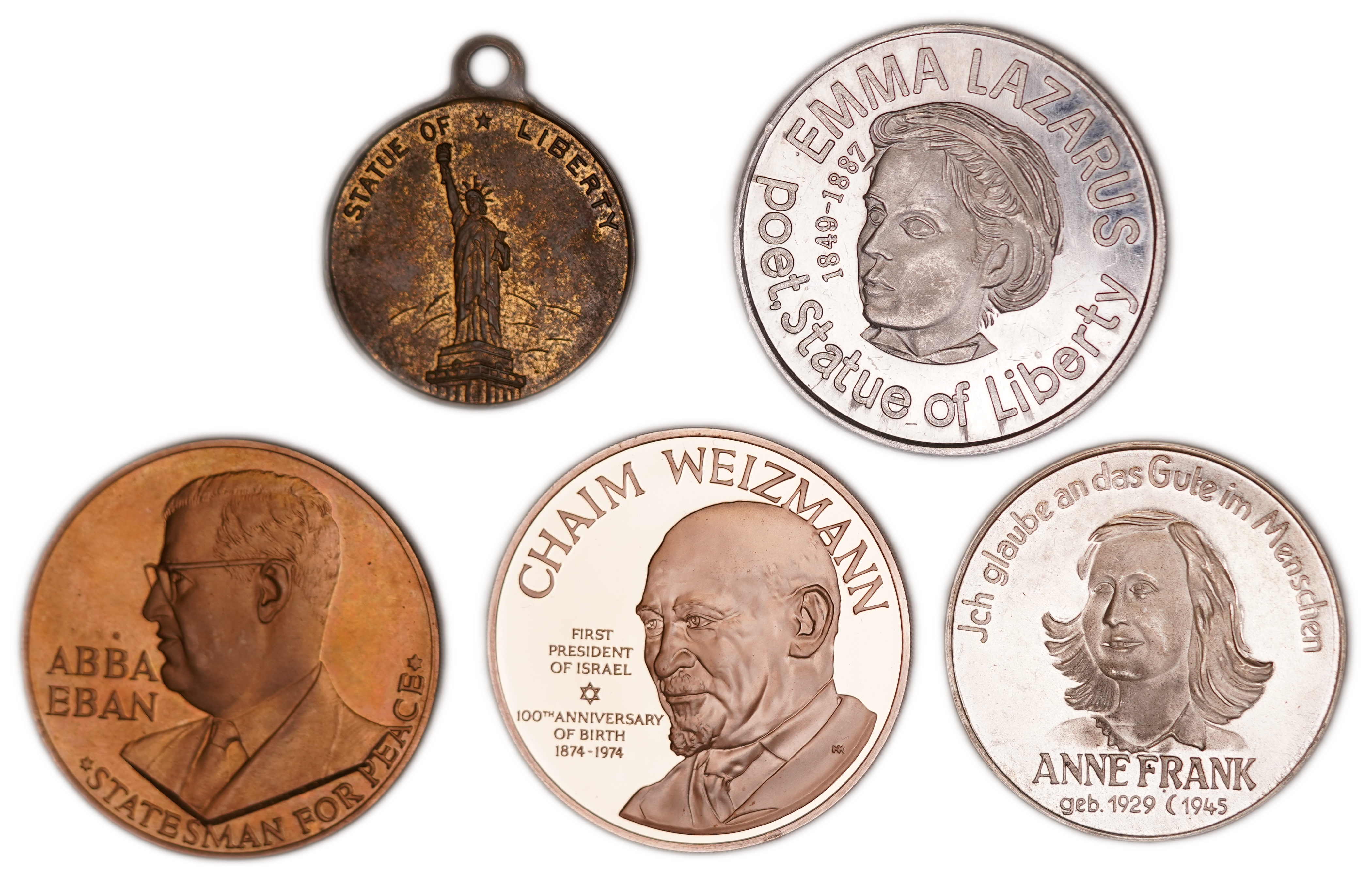 Judaica / Zionism - Lot of 5 Medals and Medallions - Emma Lazarus and the Statue of Liberty, Chaim Weizmann, Anne ... - 1 0