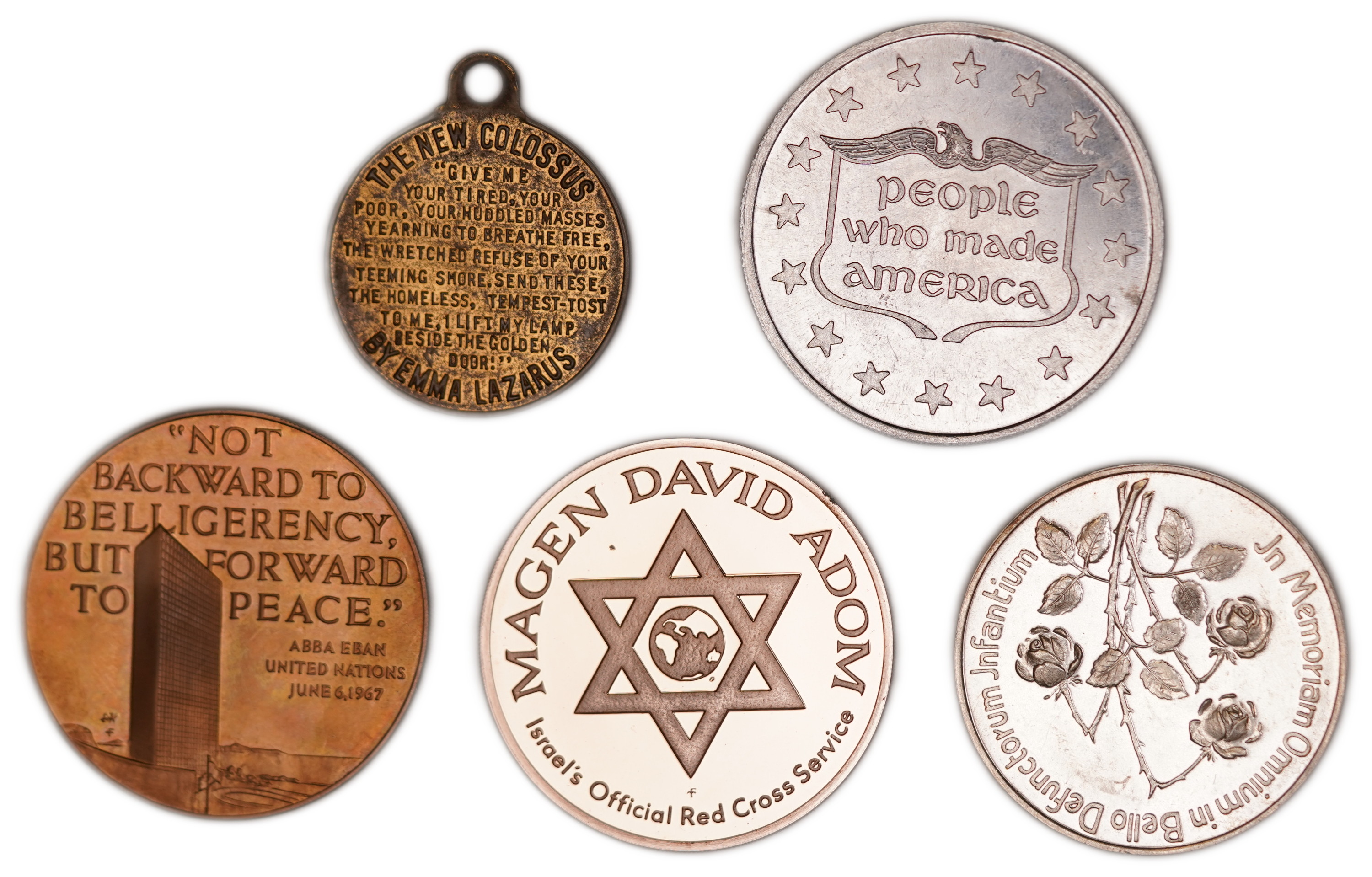 Judaica / Zionism - Lot of 5 Medals and Medallions - Emma Lazarus and the Statue of Liberty, Chaim Weizmann, Anne ... - 1 1