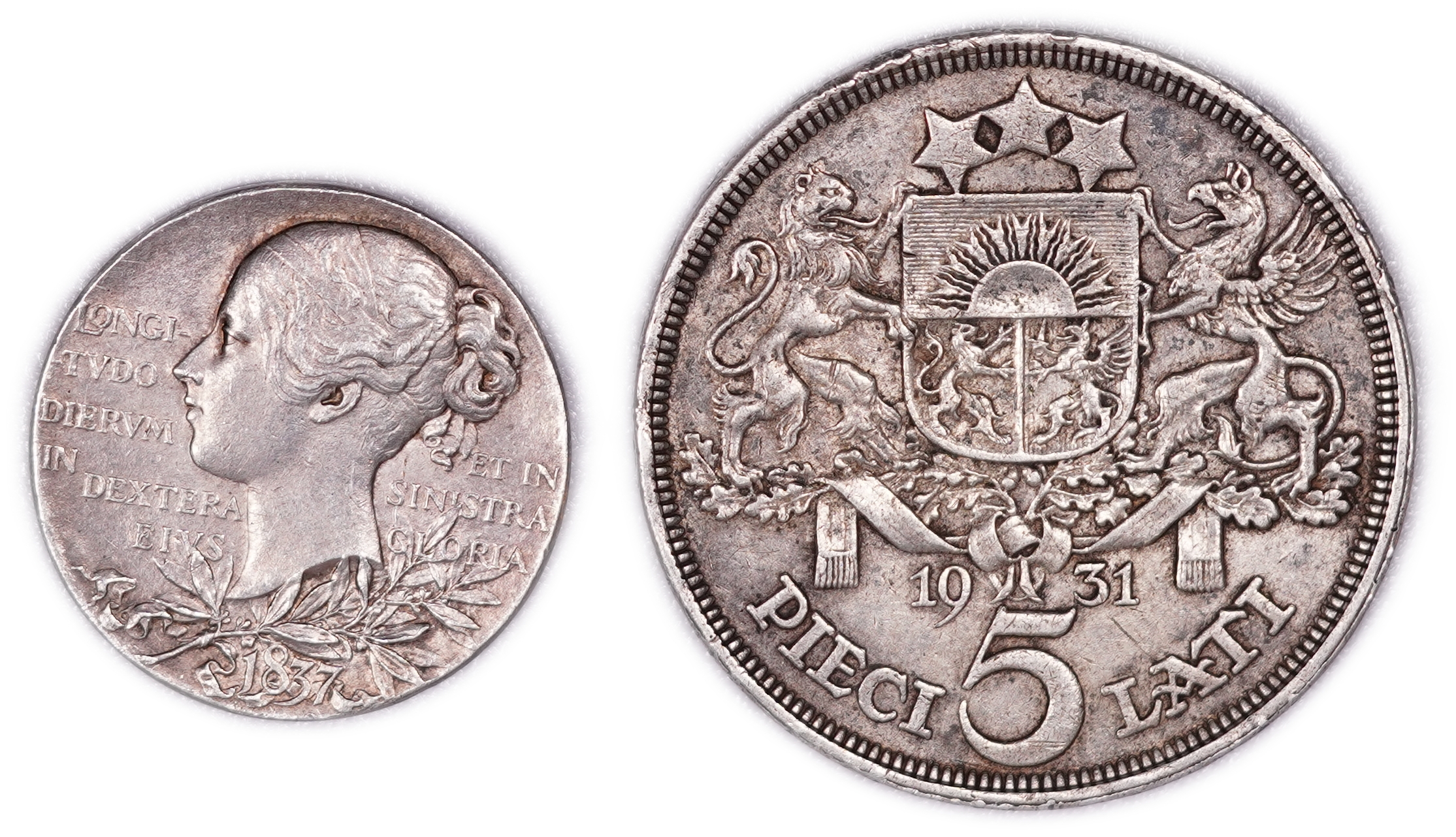 Latvia and Great Britain - 1931 5 Lati Coin and 1897 Queen Victoria Diamond Jubilee Medal - .835 Silver and .925 ... - 1 0