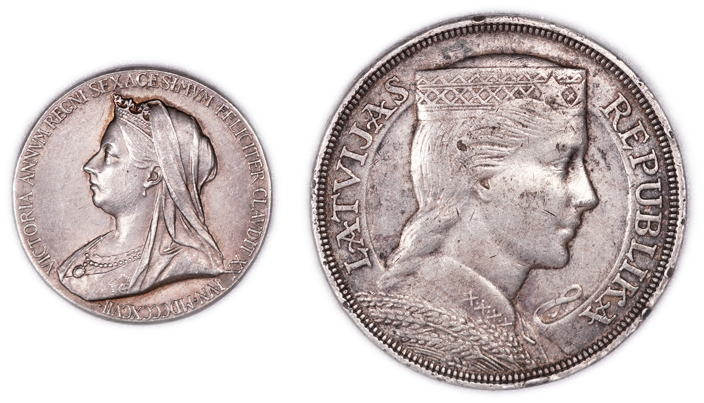 Latvia and Great Britain - 1931 5 Lati Coin and 1897 Queen Victoria Diamond Jubilee Medal - .835 Silver and .925 ... - 1 1