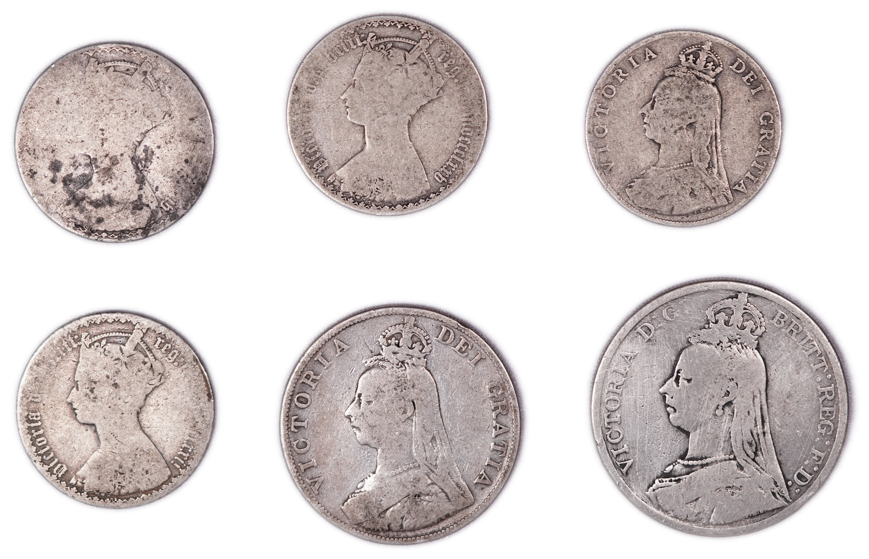 Great Britain - Collection of 6 Queen Victoria Coins - Florins, Double Florin and Crown - .925 Silver, Total Weight ... - 1 1