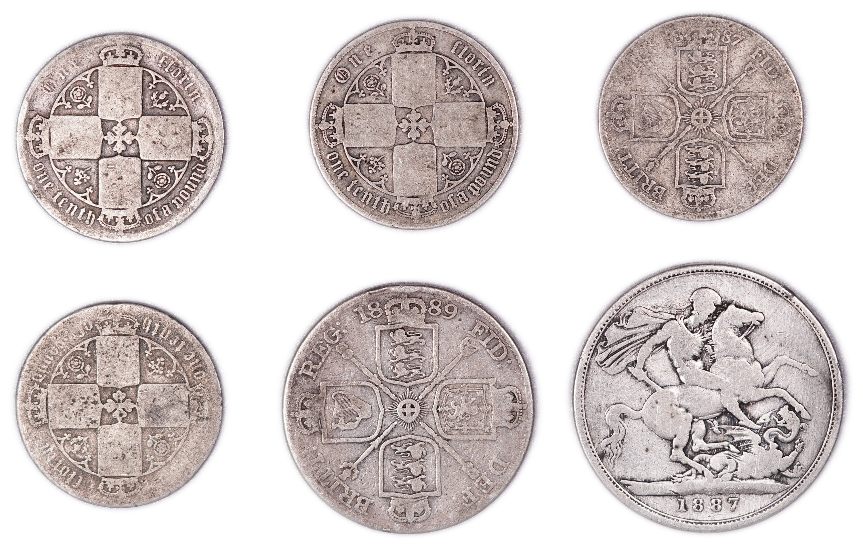 Great Britain - Collection of 6 Queen Victoria Coins - Florins, Double Florin and Crown - .925 Silver, Total Weight ... - 1 0