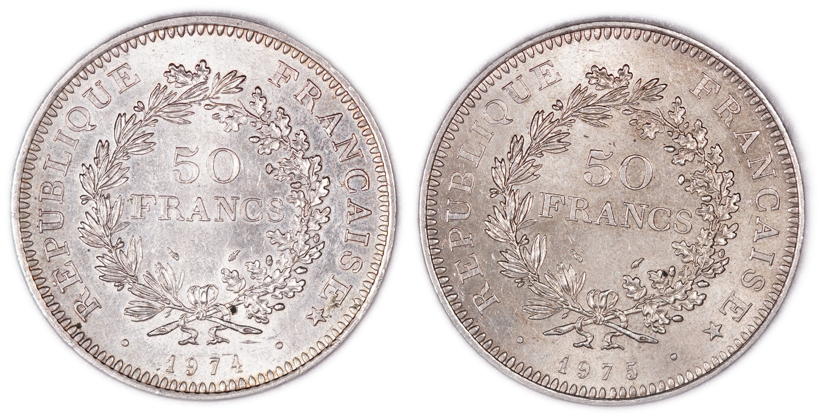 France - Lot of 2 Hercules 50 Francs Coins - 1974 and 1975 - .900 Silver, Total Weight 60.08 g (54.07 g Net Silver ... - 1 0