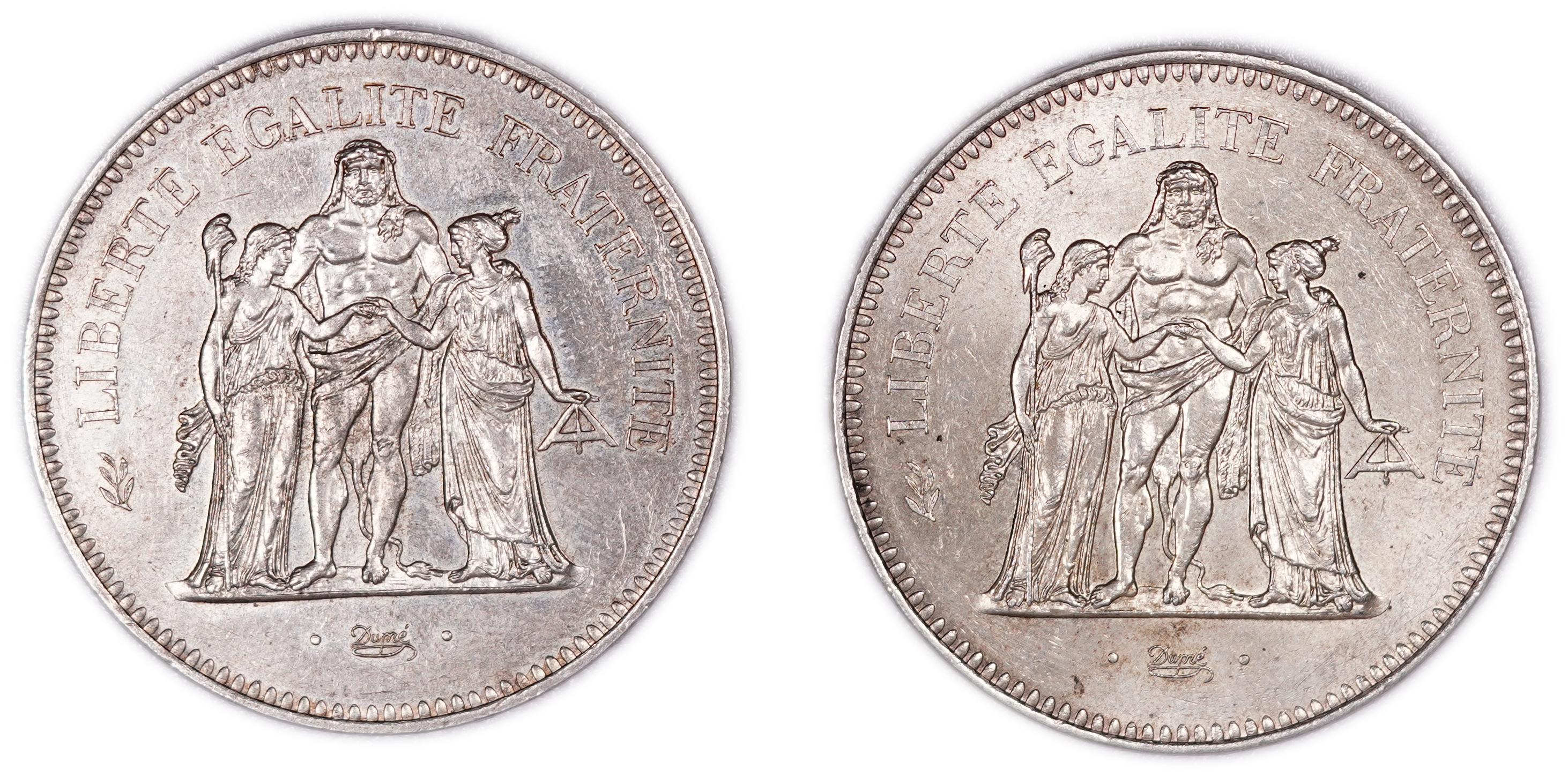 France - Lot of 2 Hercules 50 Francs Coins - 1974 and 1975 - .900 Silver, Total Weight 60.08 g (54.07 g Net Silver ... - 1 1