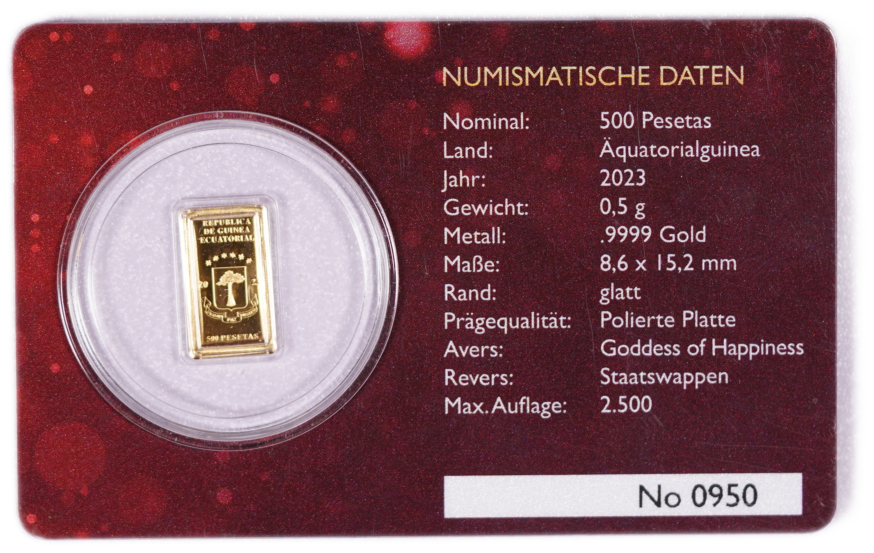 Equatorial Guinea - Rectangular Gold 500 Pesetas Coin 2023 "Goddess of Happiness" - Fortuna, Goddess of Fortune ... - 1 0