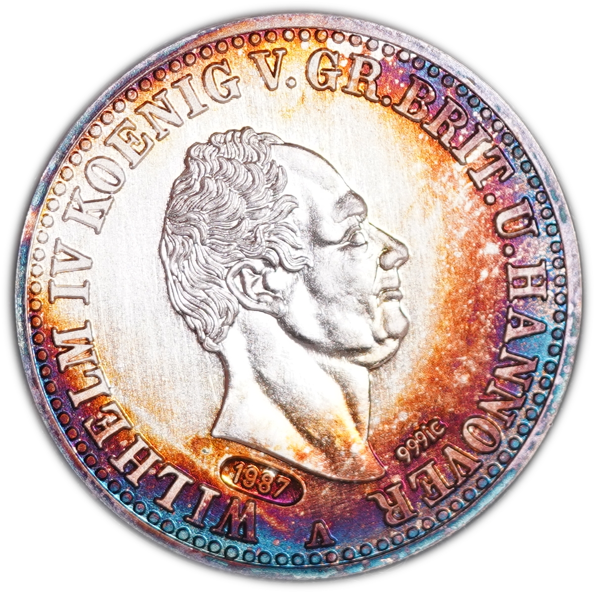 Germany - Official Restrike of the 1837 Kingdom of Hanover Thaler, Intercoin 1987 Issue, .999 Fine Silver Medal, 17 ... - 1 0