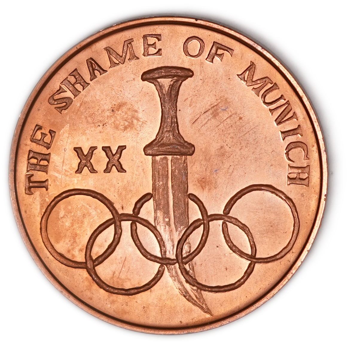 Judaica / Zionism - Munich 1972 Israeli Olympic Team Massacre Memorial Medal, "THE SHAME OF MUNICH", Copper, 30 mm ... - 1 0