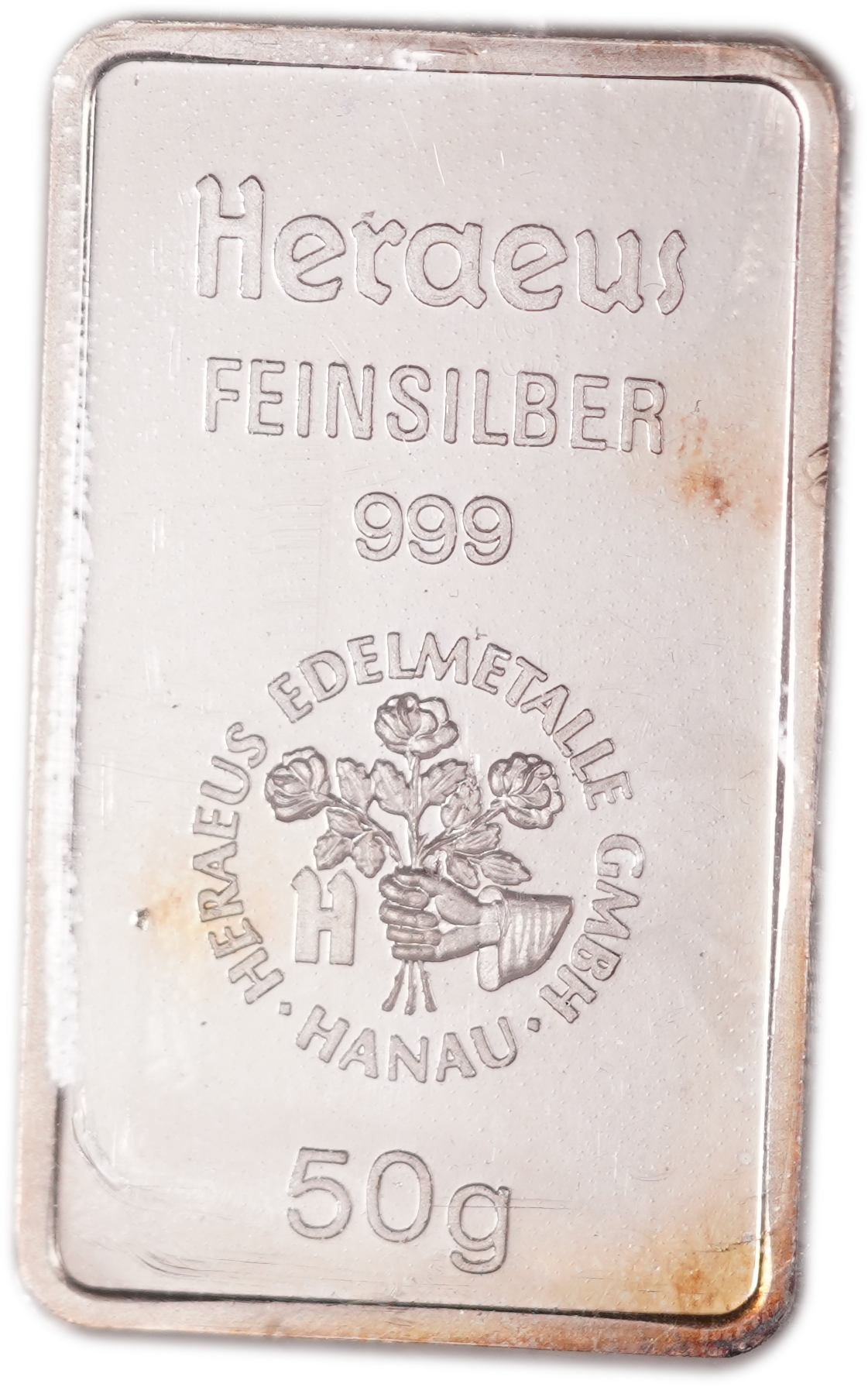 Germany - Heraeus 50g Silver Bar - .999 Fine Silver - 50g (1.608 Troy oz) - Heraeus Edelmetalle GmbH, Hanau - 1 0