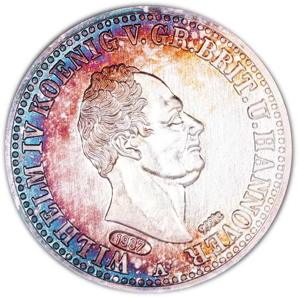 Germany - Official Restrike of the 1837 Kingdom of Hanover Thaler, Intercoin 1987 Issue, .999 Fine Silver Medal, 17 ... - 1 0