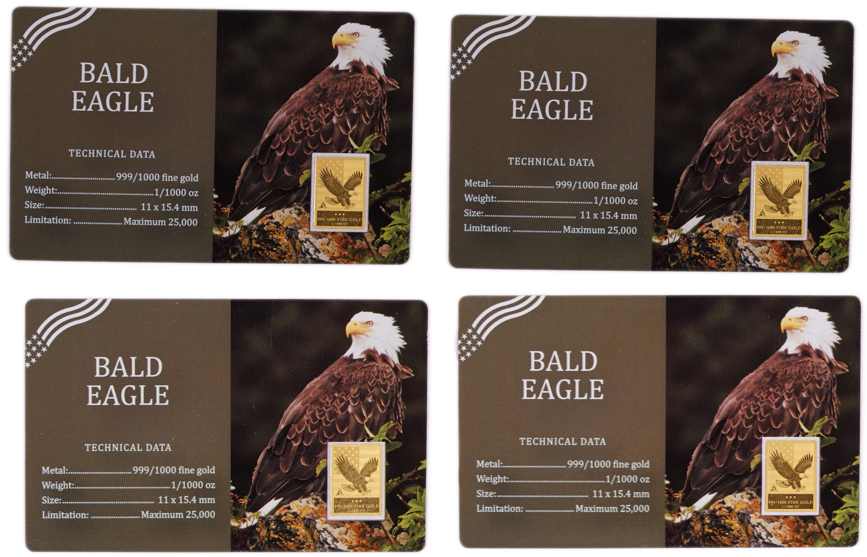 The buyer's premium on this gold item is only 10%.
Lot of 4 miniature "Bald Eagle" gold bars ...