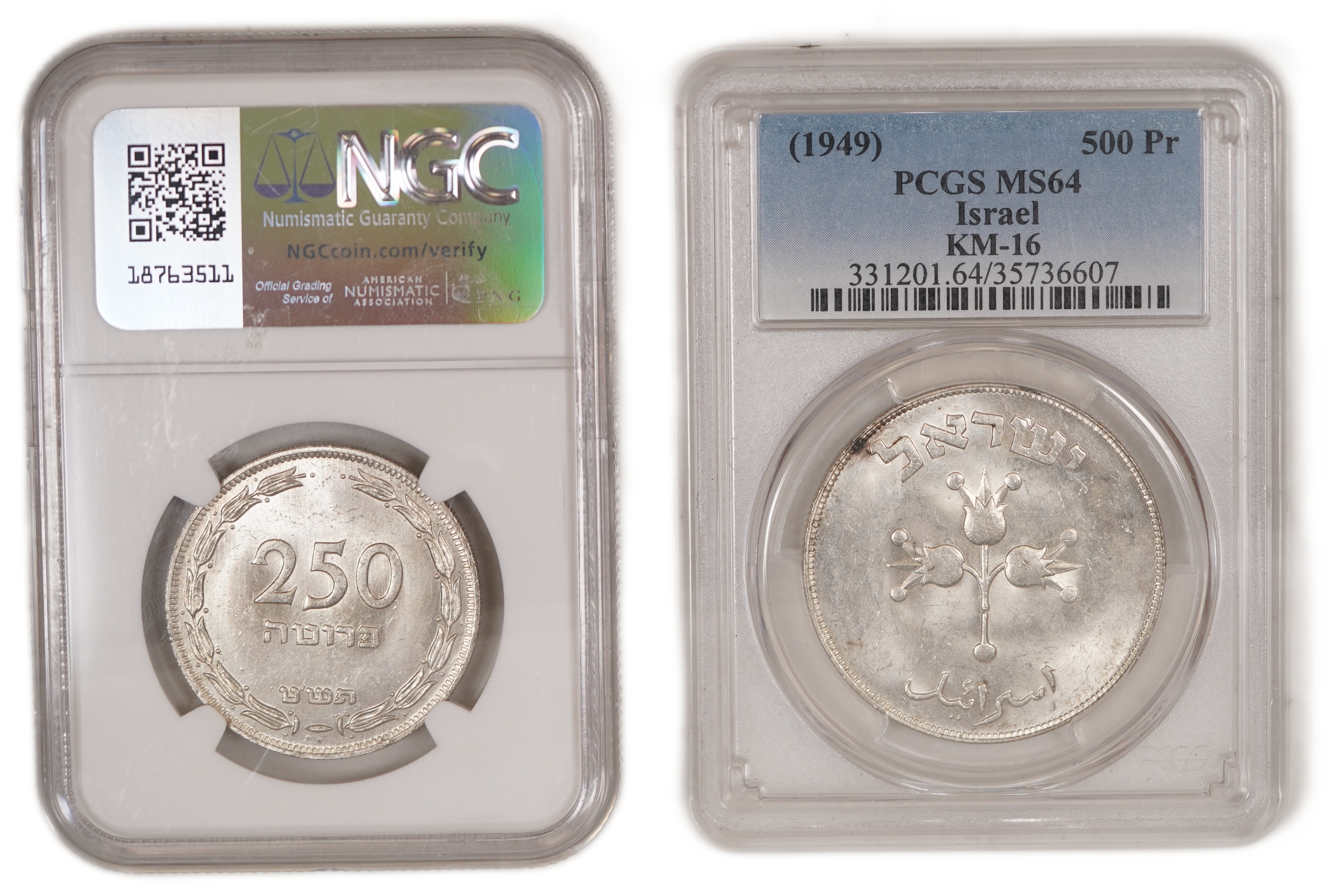 Israel - Lot of 2 Silver Coins 1949 (5709) - 500 Pruta PCGS MS64 and 250 Pruta Heaton NGC MS63, .500 Silver, Total ... - 1 1