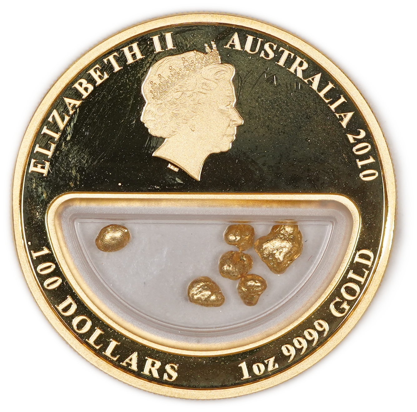 Australia - 100 Dollars 2010 - Treasures of Australia - Gold - Proof Coin with Natural Gold Nuggets in Transparent ... - 1 3
