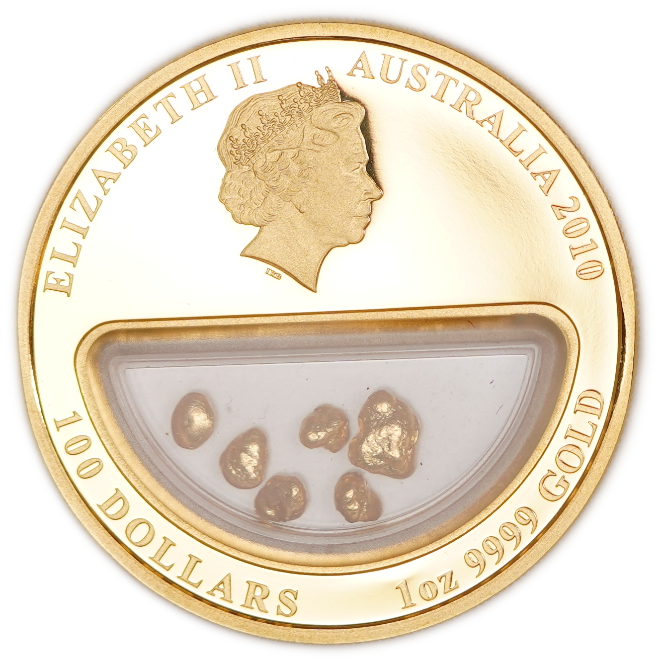 Australia - 100 Dollars 2010 - Treasures of Australia - Gold - Proof Coin with Natural Gold Nuggets in Transparent ... - 1 2
